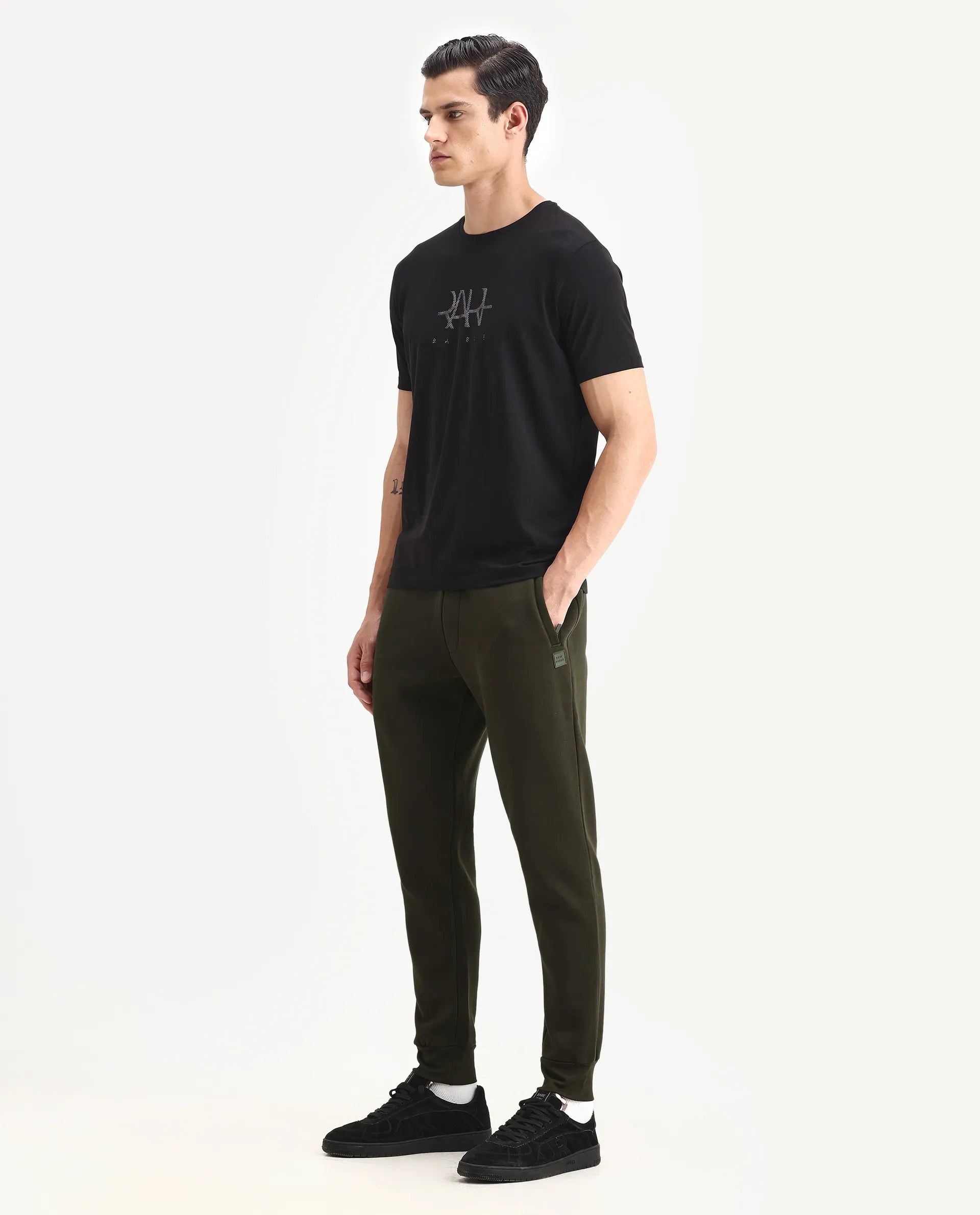 Rare Rabbit Men's Fenit Olive Cotton Plain Regular Fit Track Pant