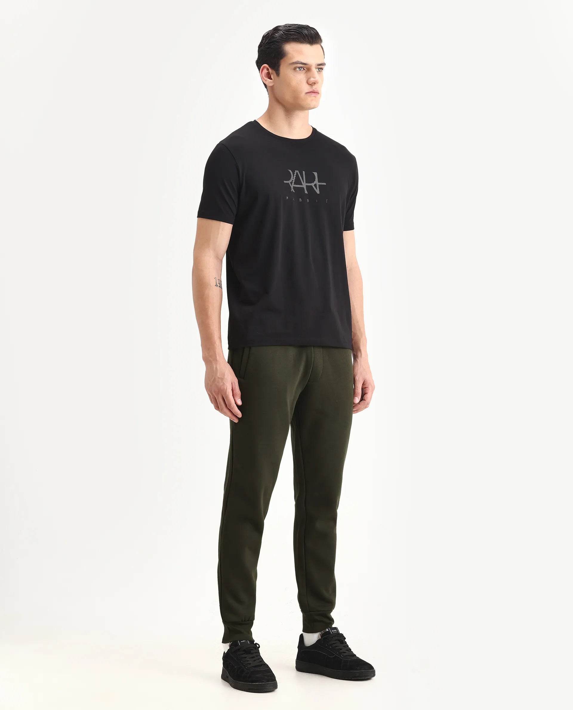 Rare Rabbit Men's Fenit Olive Cotton Plain Regular Fit Track Pant