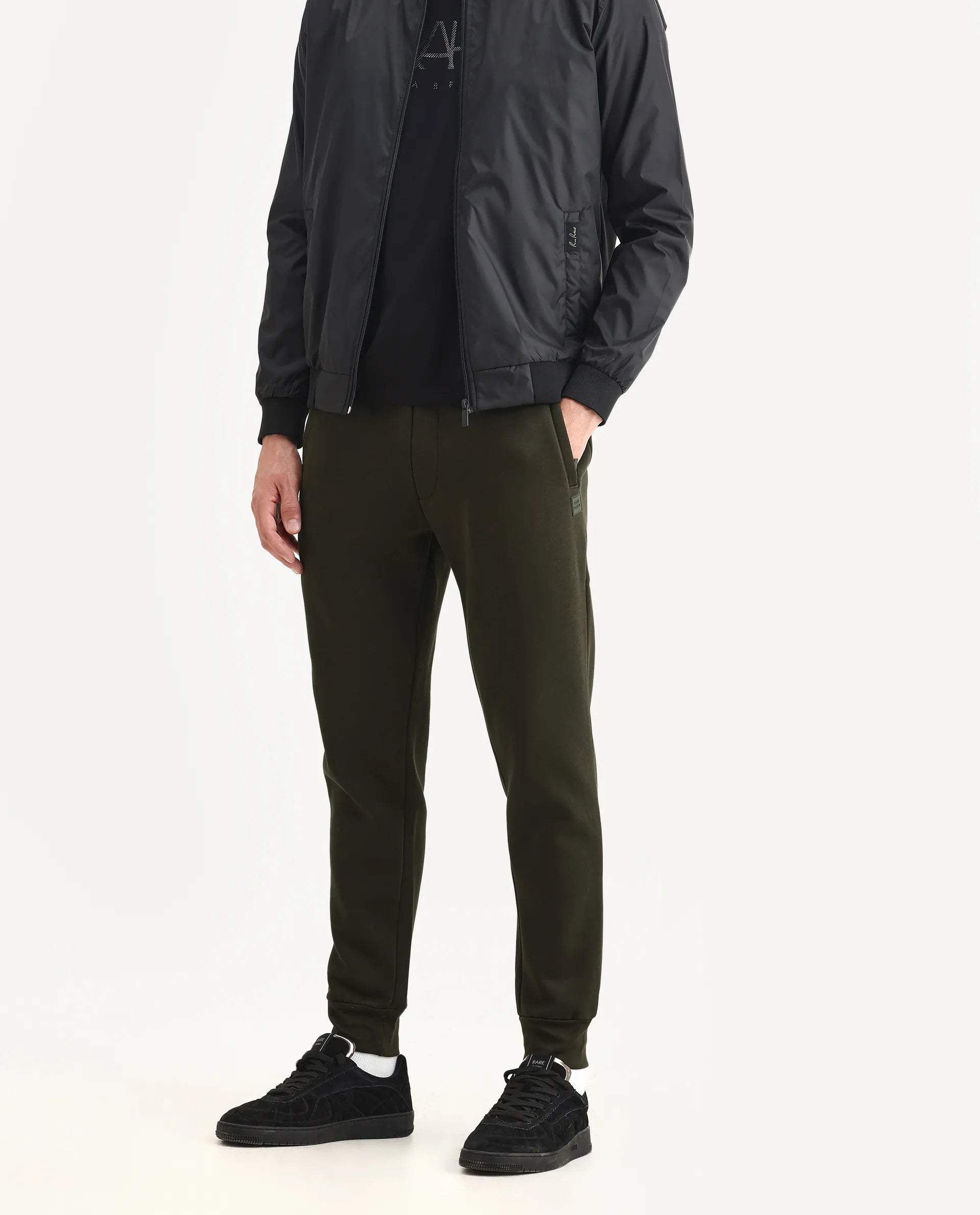 Rare Rabbit Men's Fenit Olive Cotton Plain Regular Fit Joggers