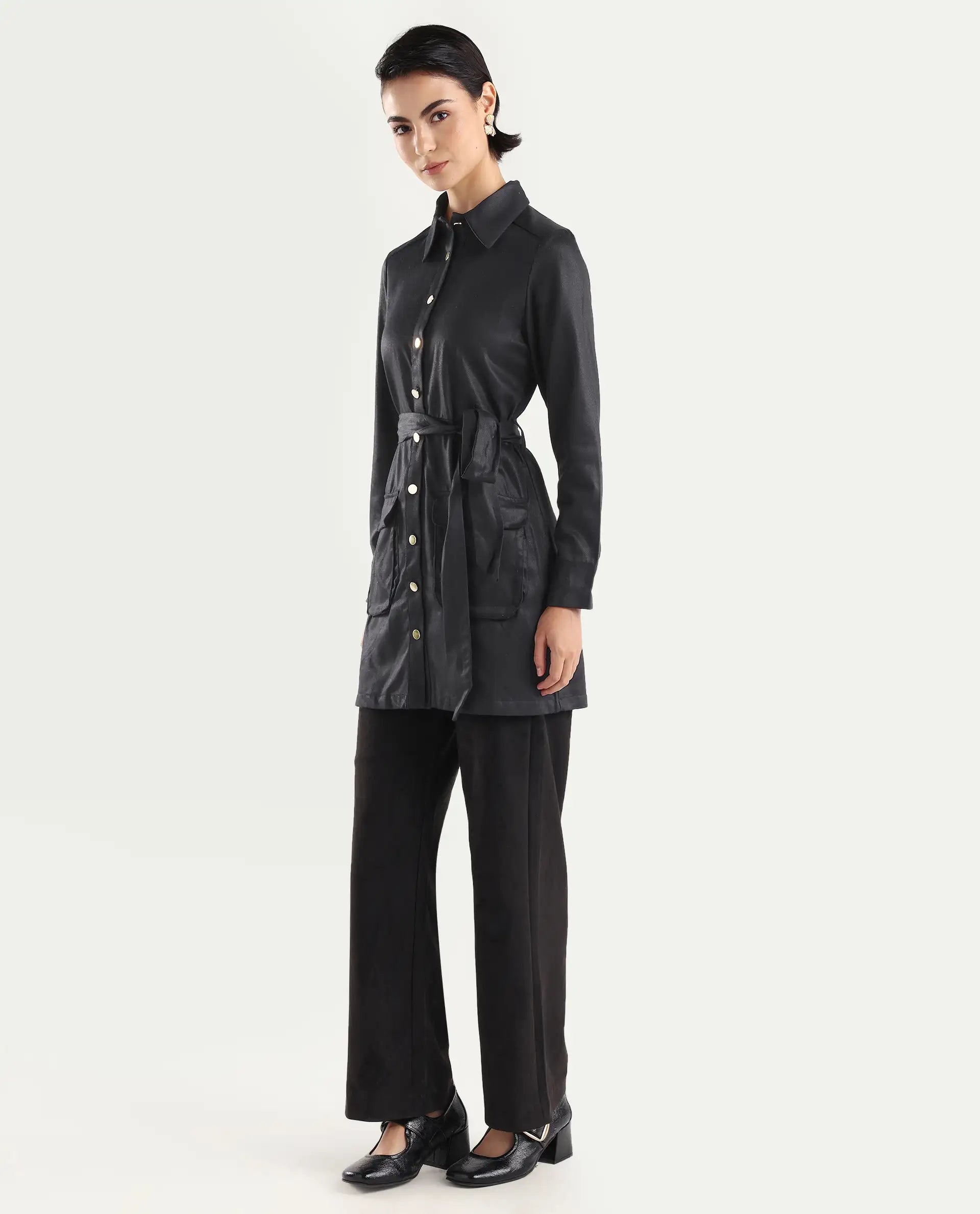 Rareism Women's Fenko Black Cotton Spread Collar Plain Mini Relaxed Fit Dress