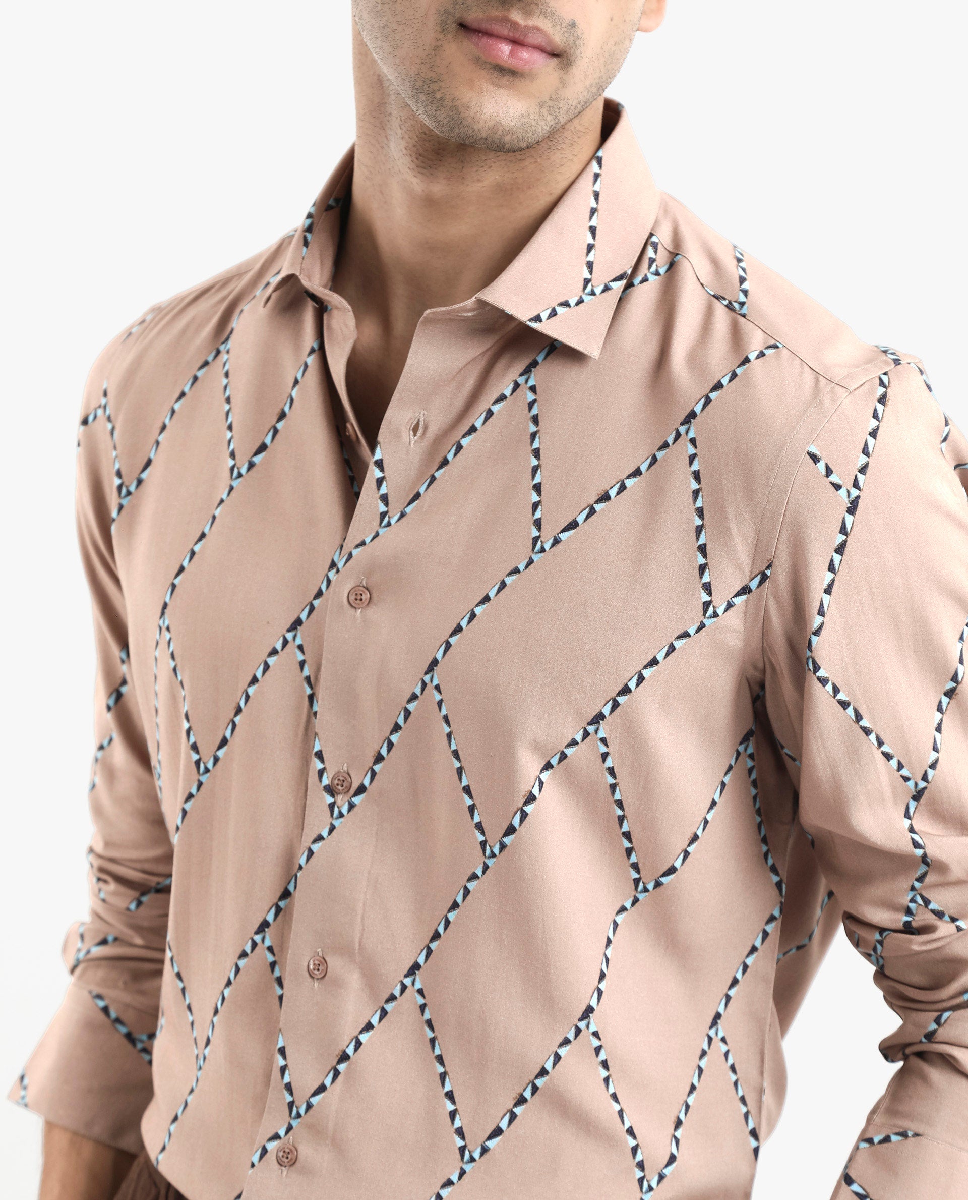 Rare Rabbit Men's Fenney LS Brown Viscose Fabric Full Sleeves Regular Fit Geometric Print Shirt