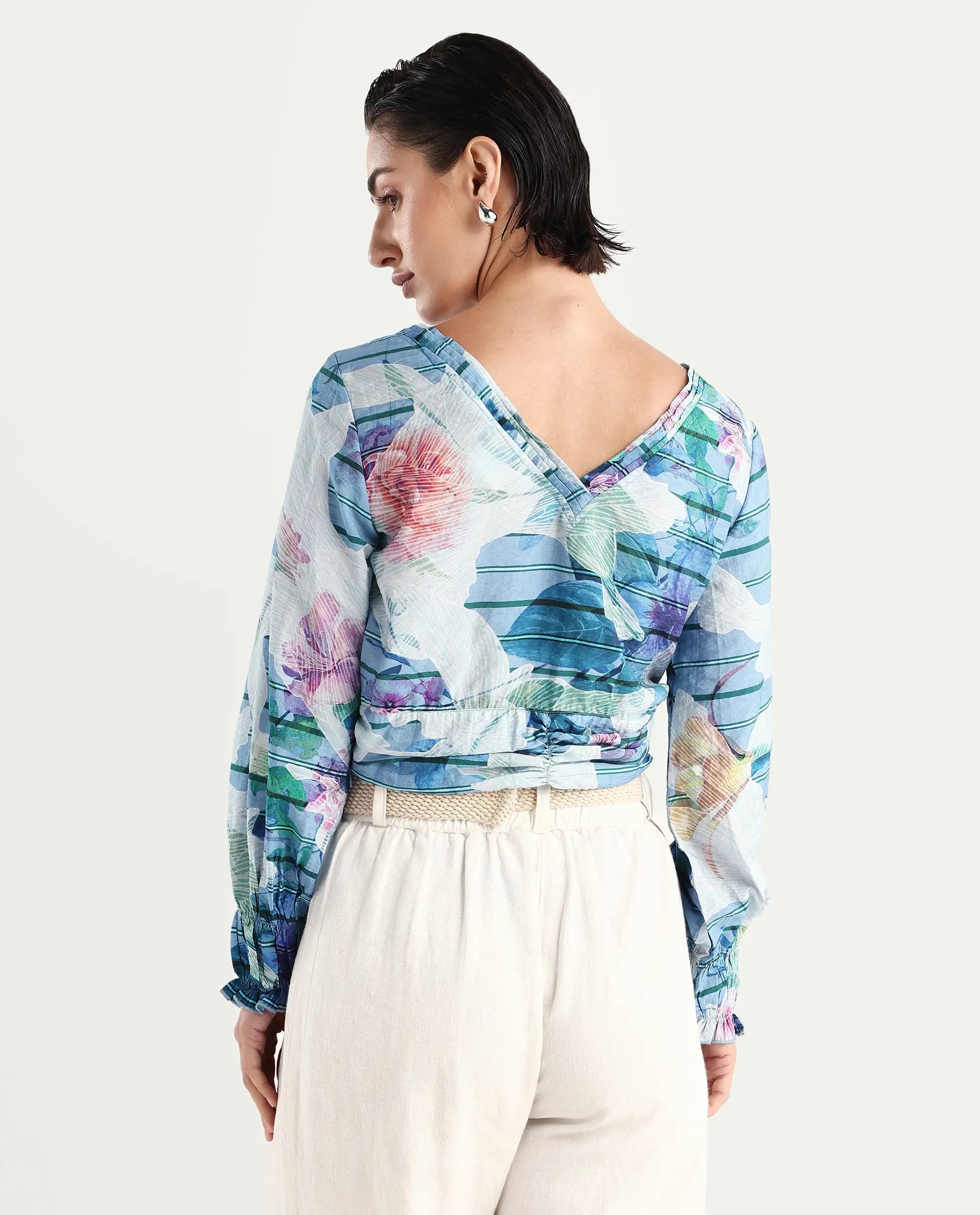 Rareism Women's Feonao Blue Nylon Blend Crew Neck Floral Print Bishop Sleeve Crop Regular Fit Top