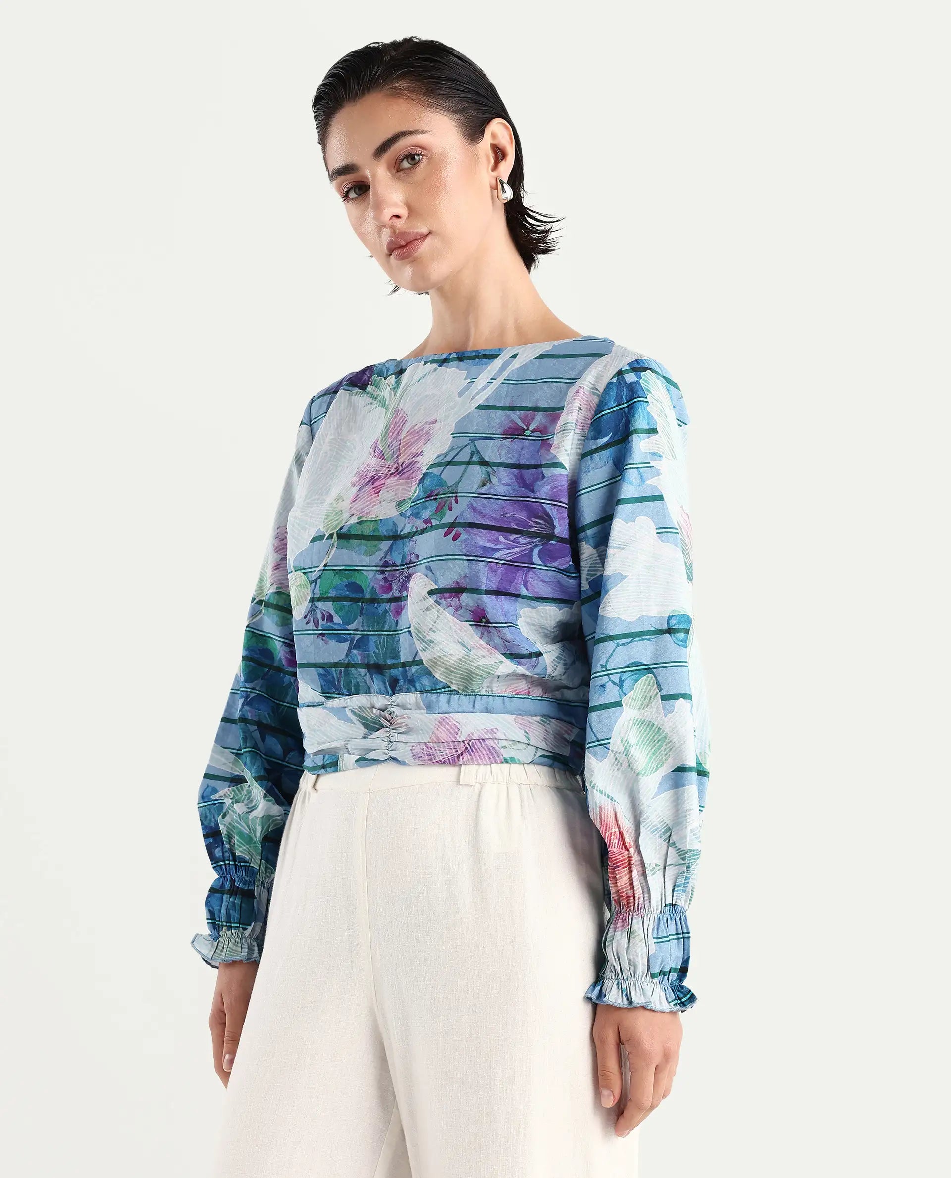 Rareism Women's Feonao Blue Nylon Blend Crew Neck Floral Print Bishop Sleeve Crop Regular Fit Top