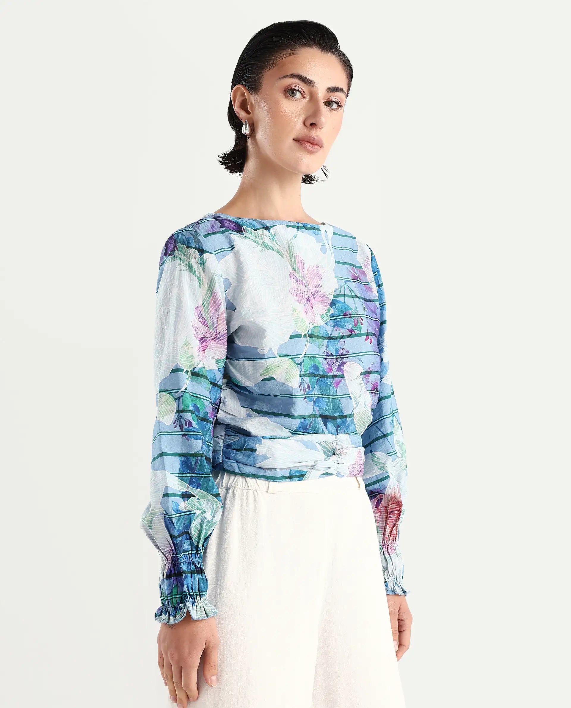 Rareism Women's Feonao Blue Nylon Blend Crew Neck Floral Print Bishop Sleeve Crop Regular Fit Top