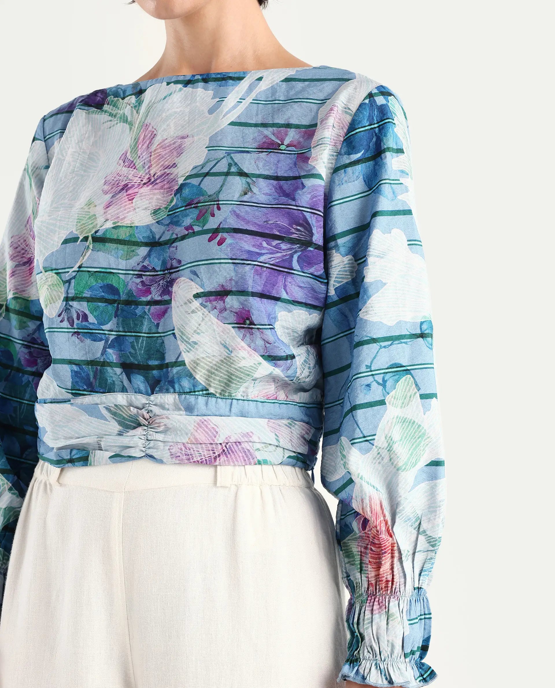 Rareism Women's Feonao Blue Nylon Blend Crew Neck Floral Print Bishop Sleeve Crop Regular Fit Top