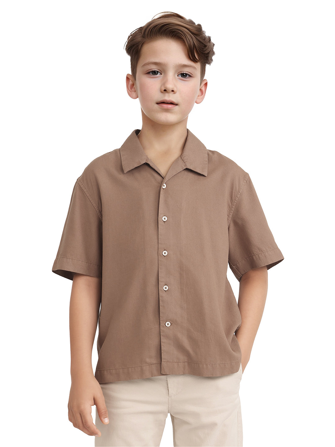 Rare Ones Kids Fern-S Brown Viscose Blend Half Sleeve Button Closure Solid Regular Fit Shirt