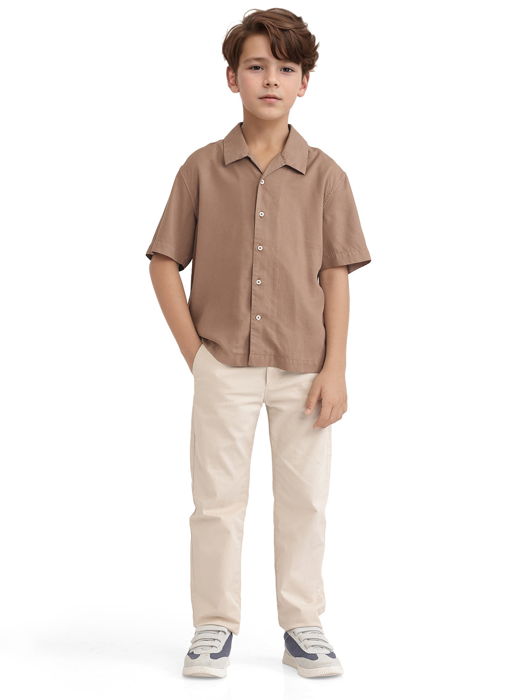 Rare Ones Kids Fern-S Brown Viscose Blend Half Sleeve Button Closure Solid Regular Fit Shirt