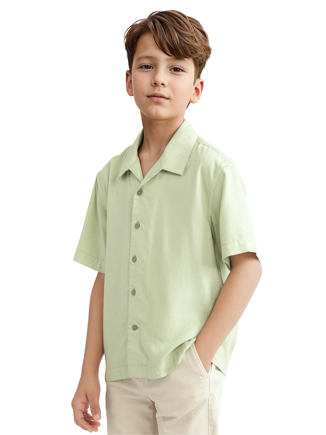 Rare Ones Kids Fern-S Light Green Viscose Blend Half Sleeve Button Closure Solid Regular Fit Shirt