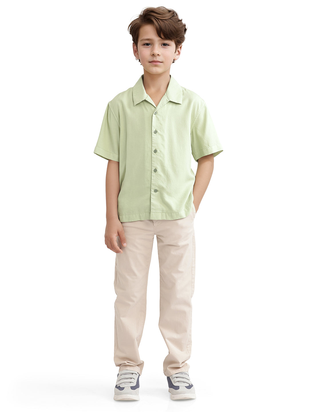 Rare Ones Kids Fern-S Light Green Viscose Blend Half Sleeve Button Closure Solid Regular Fit Shirt