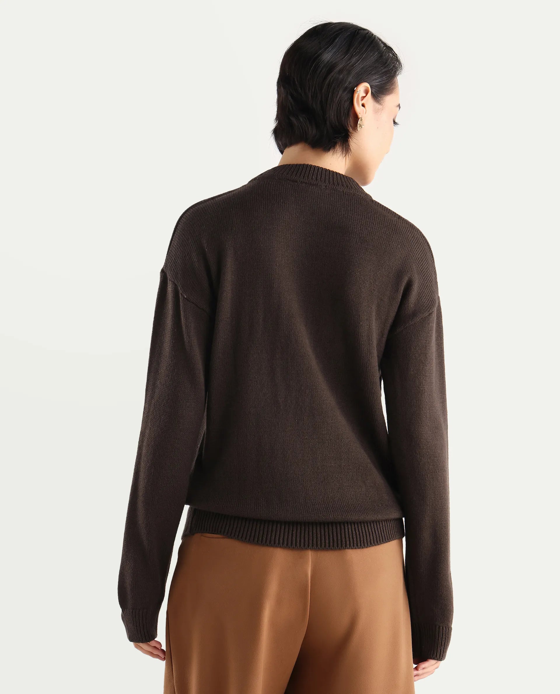 Rareism Women's Ferny Brown Acrylic Turtle Neck Plain Regular Fit Sweater