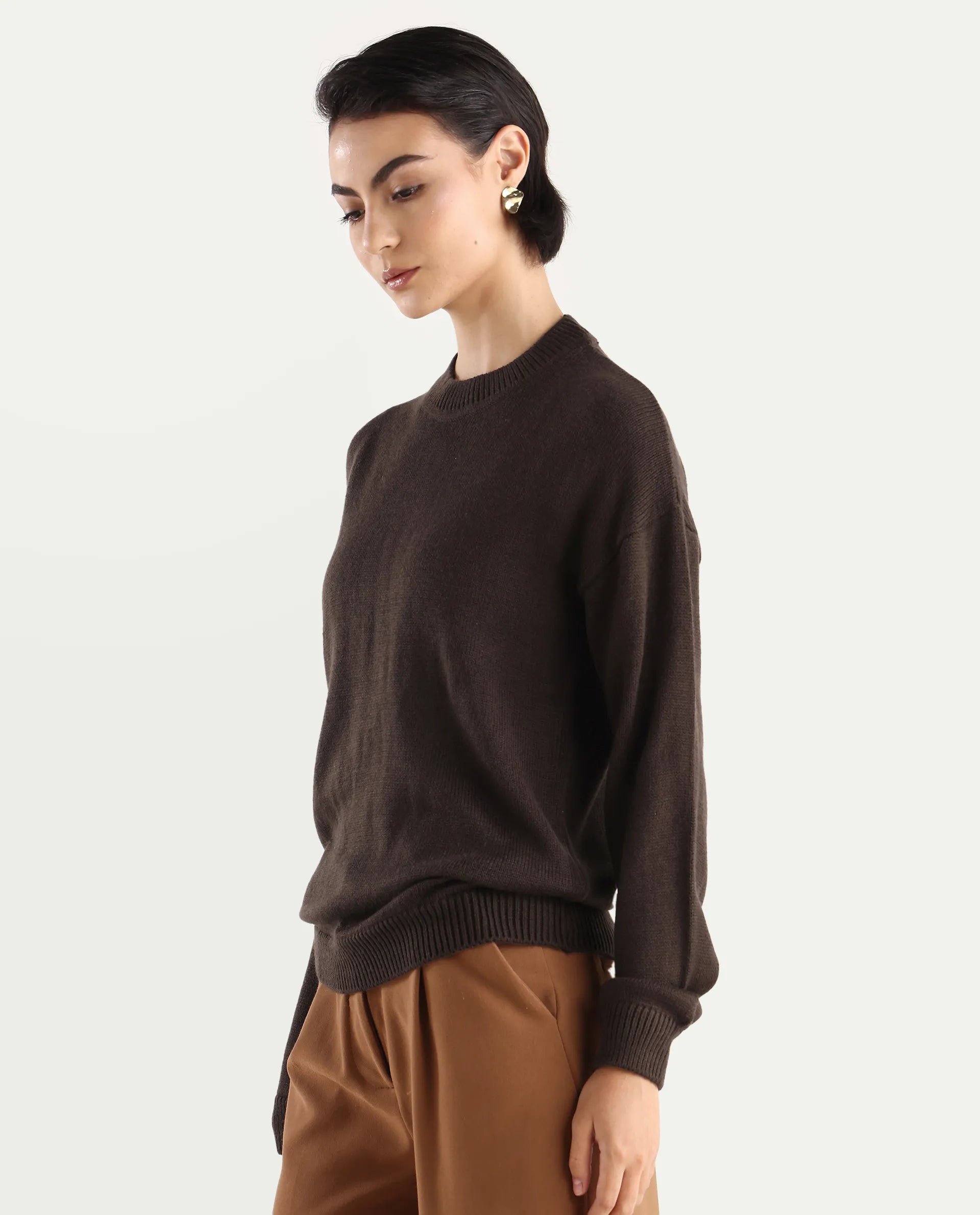 Rareism Women's Ferny Brown Acrylic Turtle Neck Plain Regular Fit Sweater