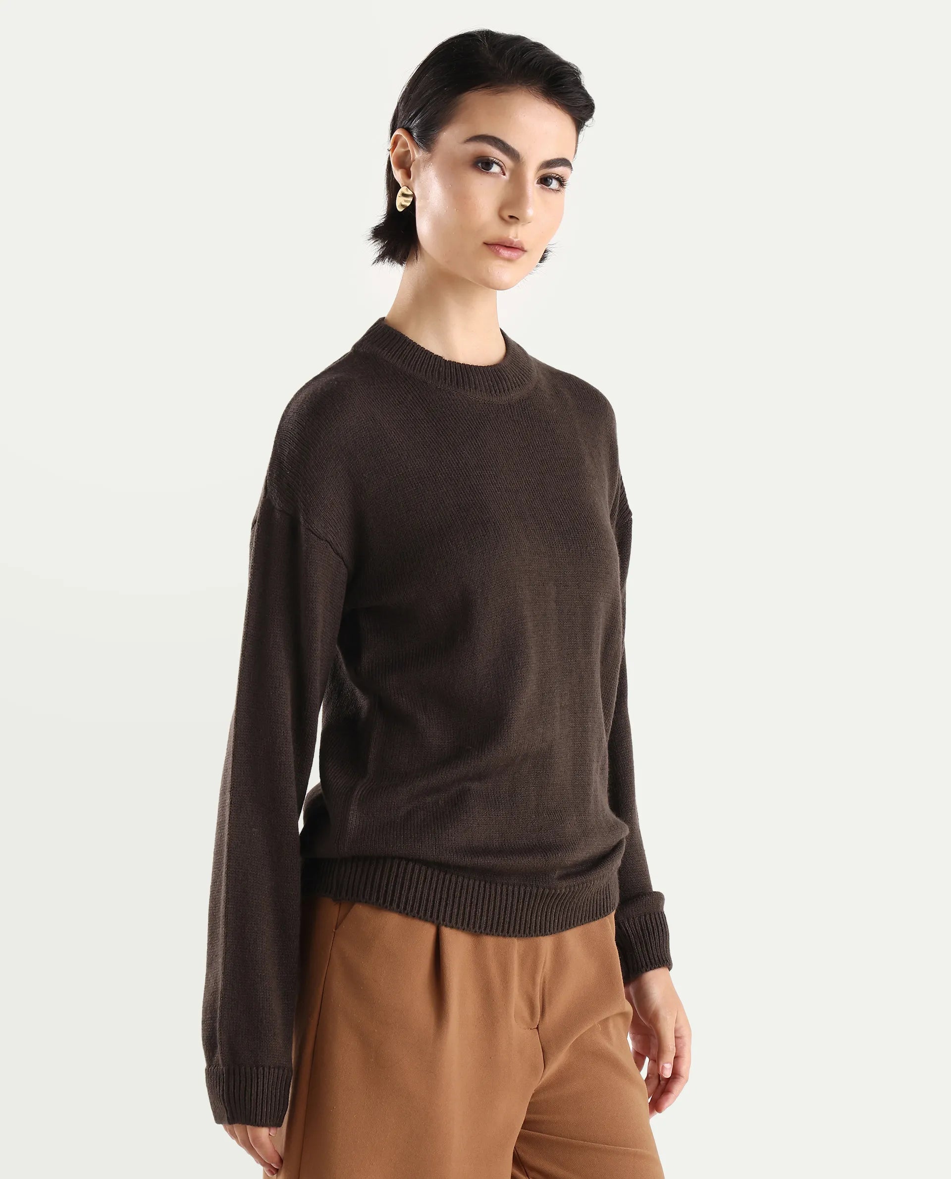 Rareism Women's Ferny Brown Acrylic Turtle Neck Plain Regular Fit Sweater