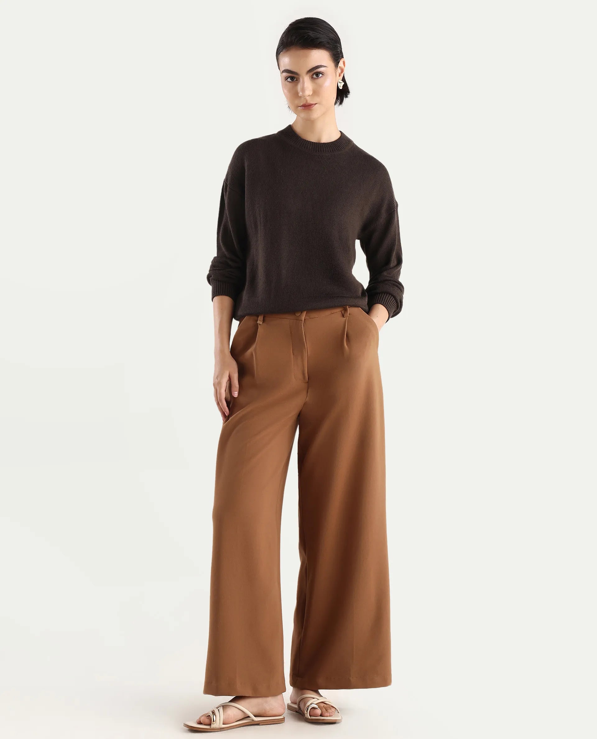 Rareism Women's Ferny Brown Acrylic Turtle Neck Plain Regular Fit Sweater