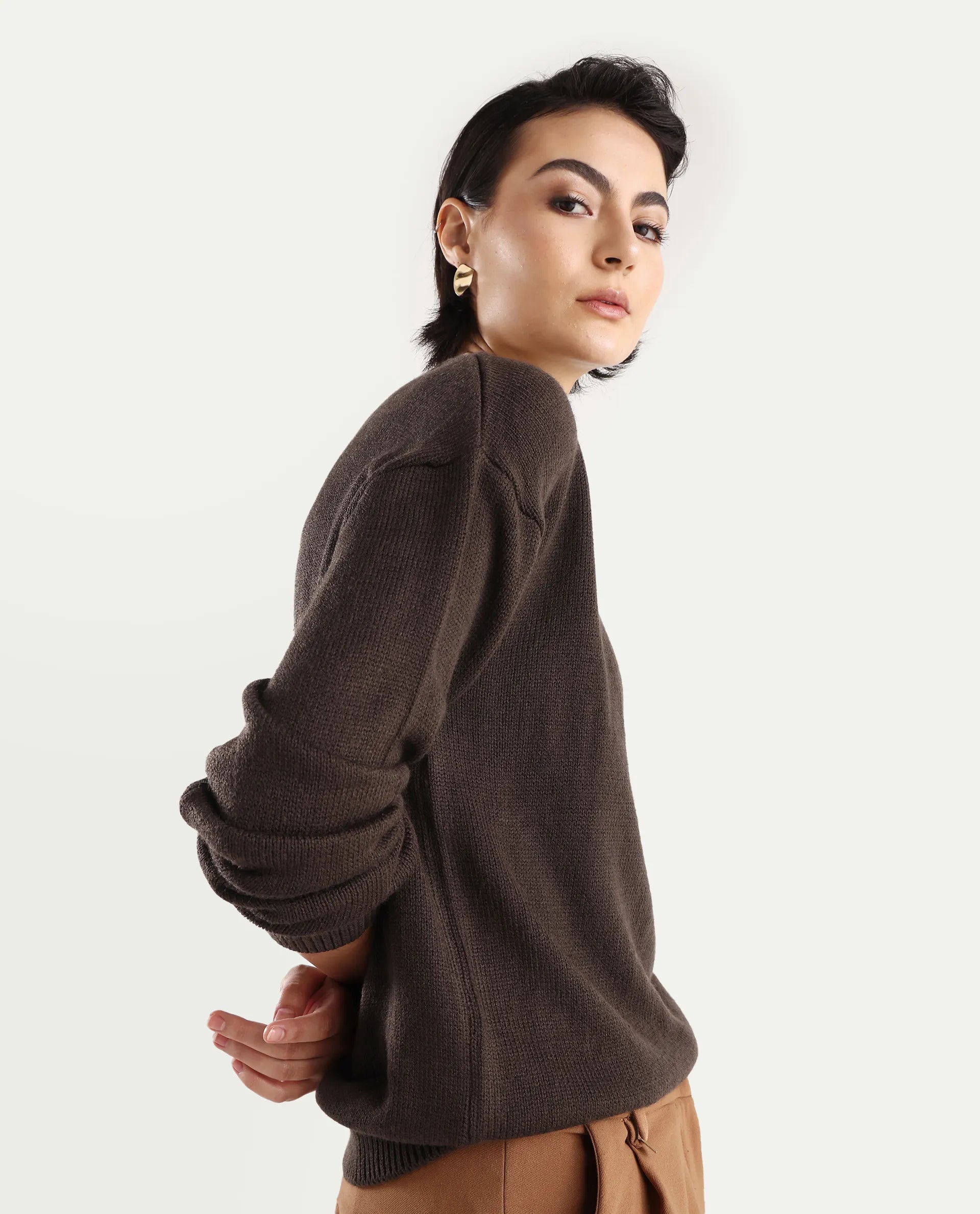 Rareism Women's Ferny Brown Acrylic Turtle Neck Plain Regular Fit Sweater