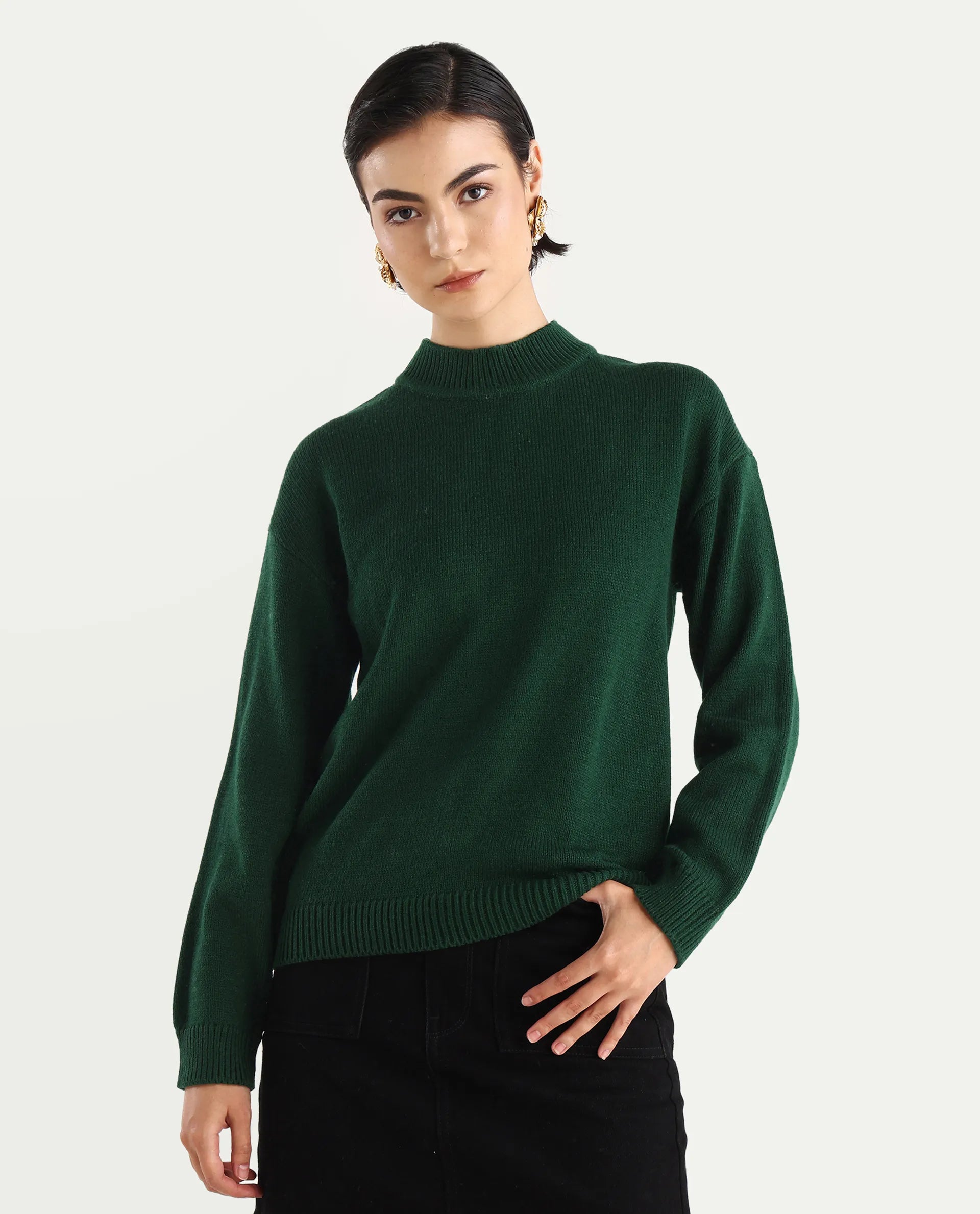 Rareism Women's Ferny Green Acrylic Turtle Neck Plain Regular Fit Sweater