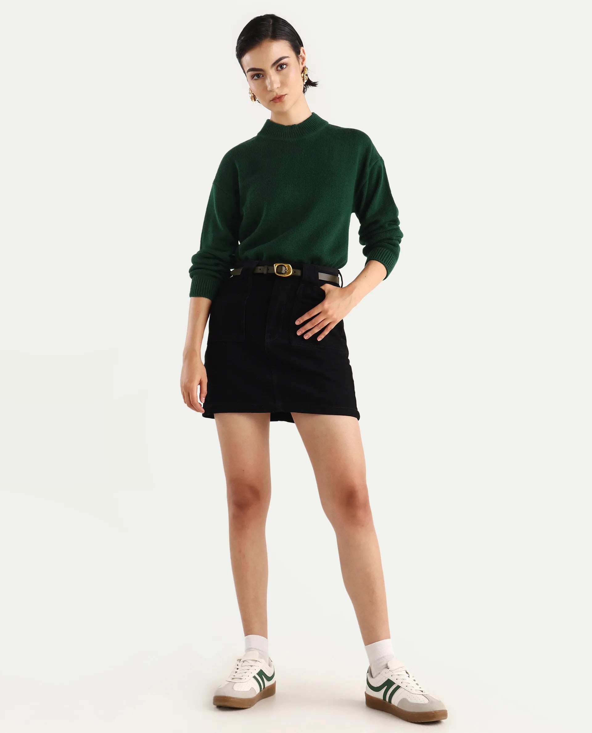 Rareism Women's Ferny Green Acrylic Turtle Neck Plain Regular Fit Sweater