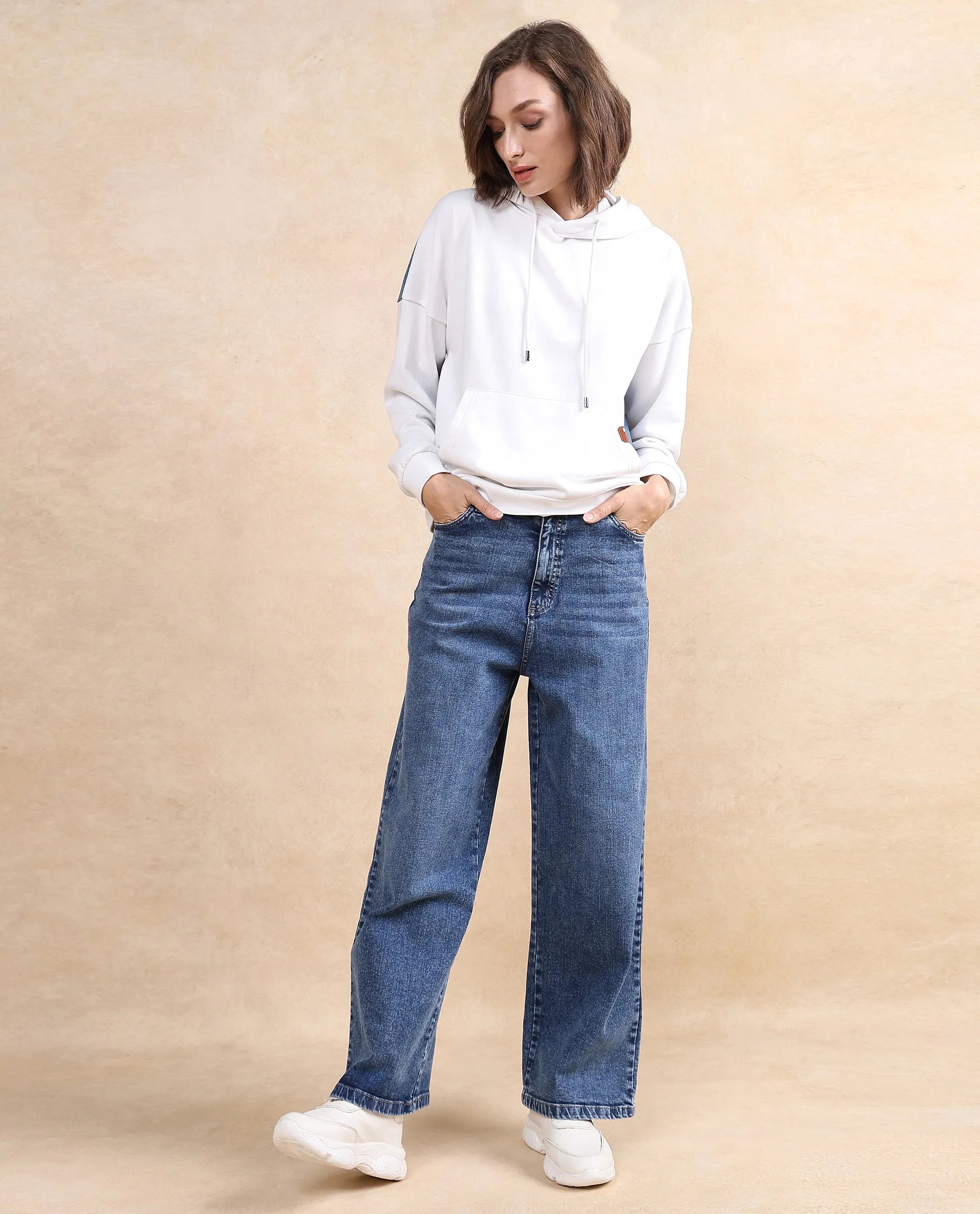 Rareism Women Ferra White Cotton Blend Fabric Full Sleeve Hooded Relaxed Fit Plain Sweatshirt