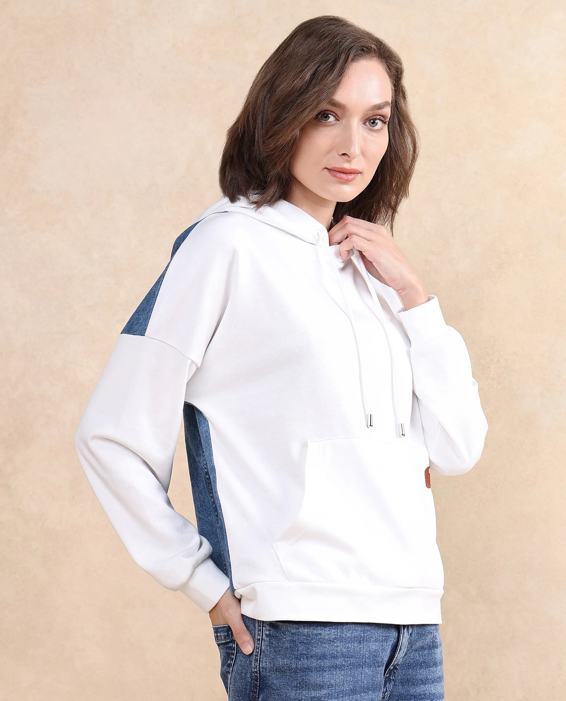 Rareism Women Ferra White Cotton Blend Fabric Full Sleeve Hooded Relaxed Fit Plain Sweatshirt