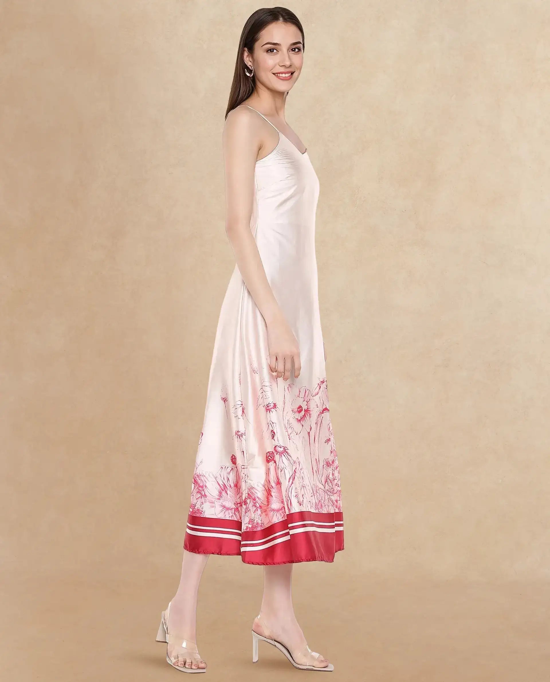 Rareism Women Ferrara Beige Sleeveless Shoulder Straps Zip Bodycon Maxi Floral Print Dress