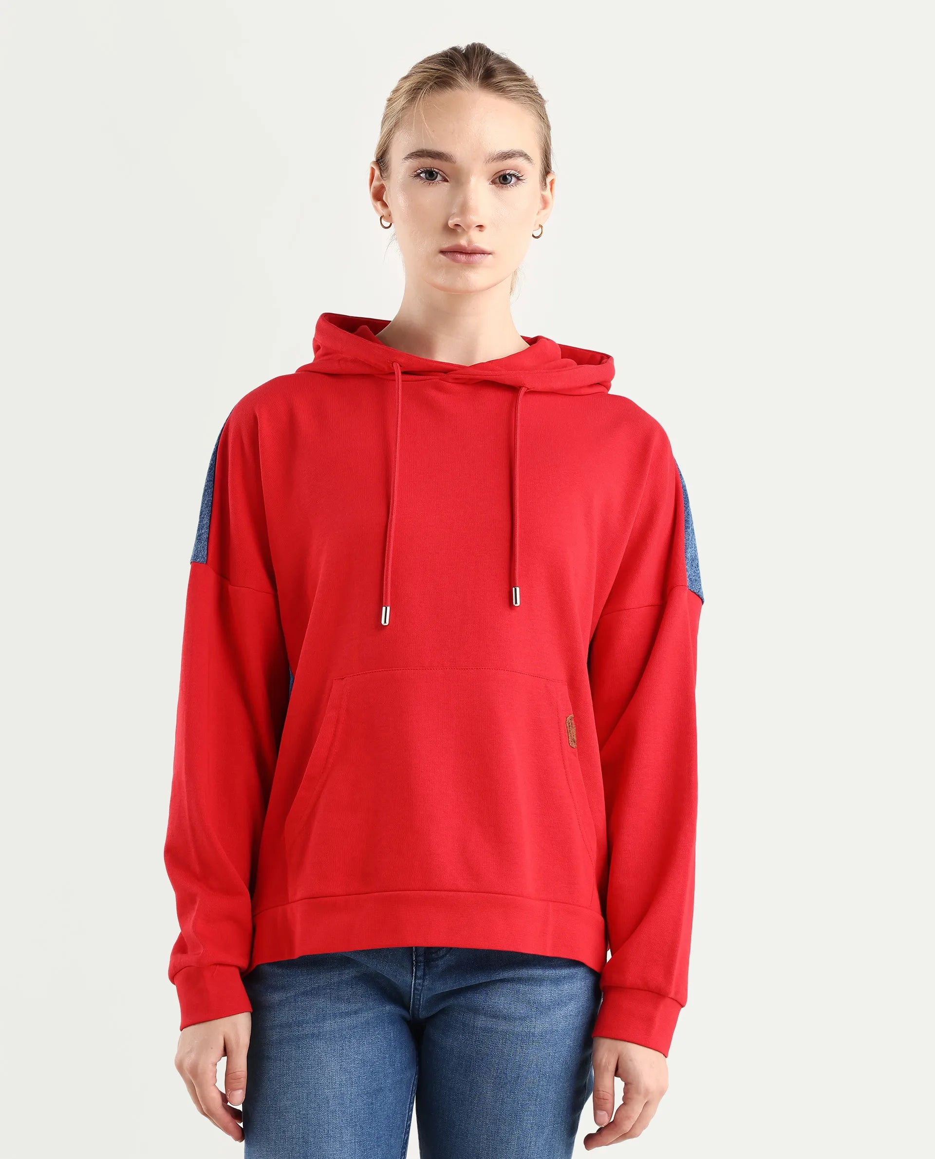 Rareism Women's Ferra Red Cotton Blend Hooded Plain Relaxed Fit Sweatshirt