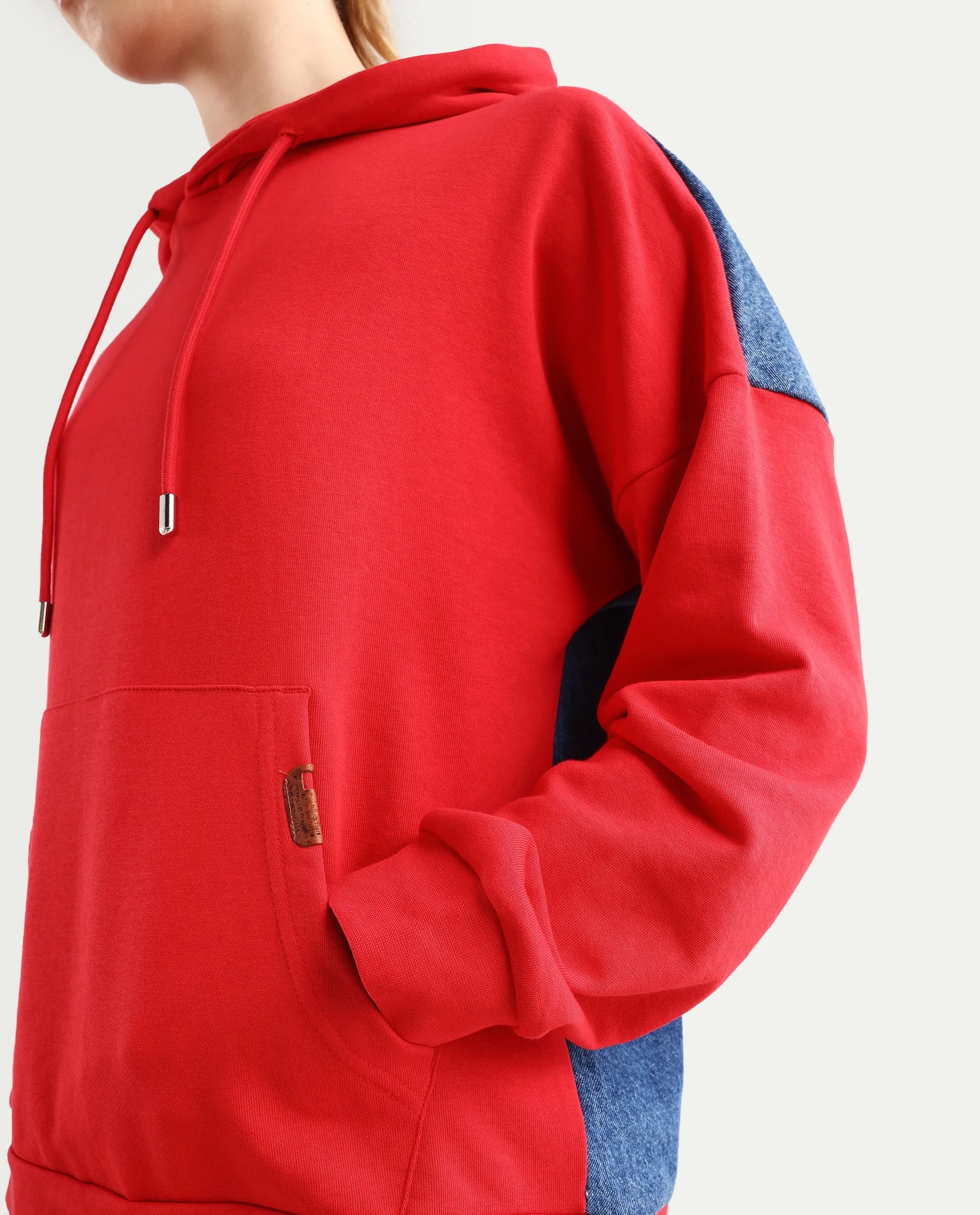 Rareism Women's Ferra Red Cotton Blend Hooded Plain Relaxed Fit Sweatshirt