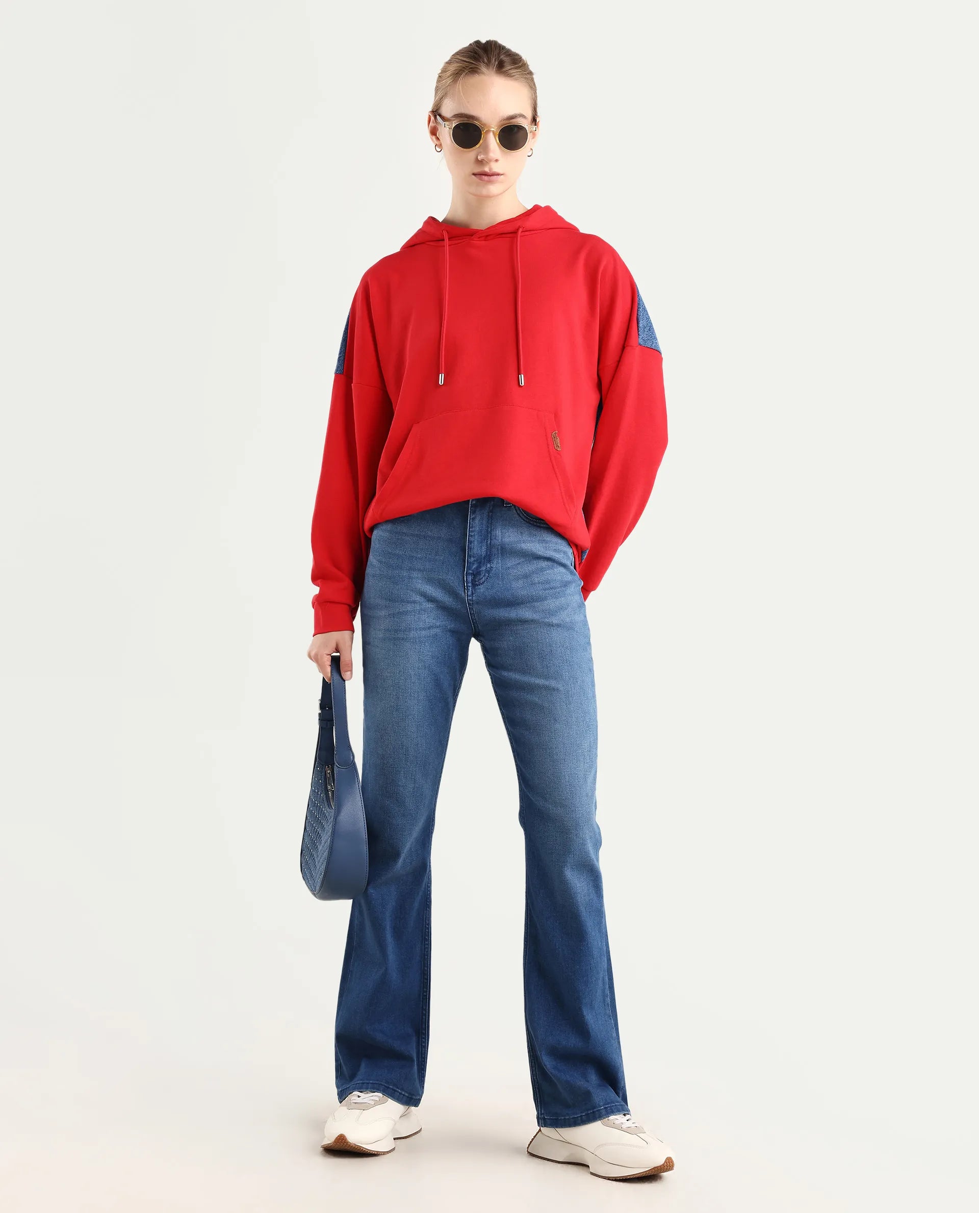 Rareism Women's Ferra Red Cotton Blend Hooded Plain Relaxed Fit Sweatshirt