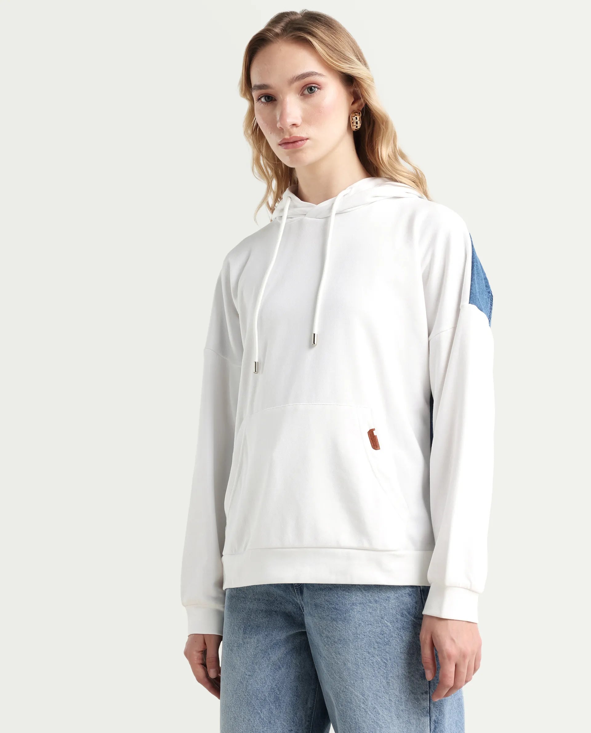 Rareism Women's Ferra White Cotton Blend Hooded Plain Relaxed Fit Sweatshirt