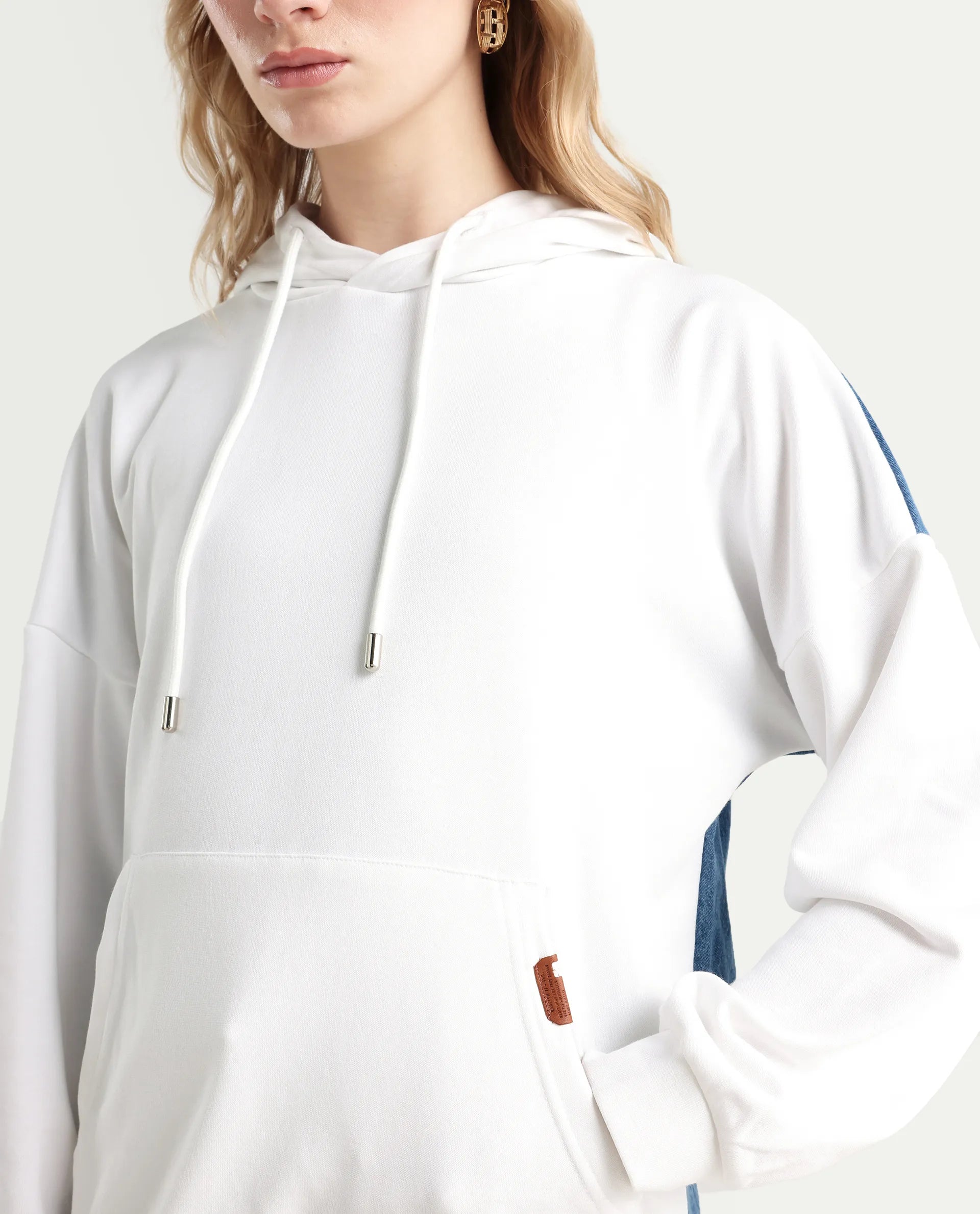 Rareism Women's Ferra White Cotton Blend Hooded Plain Relaxed Fit Sweatshirt