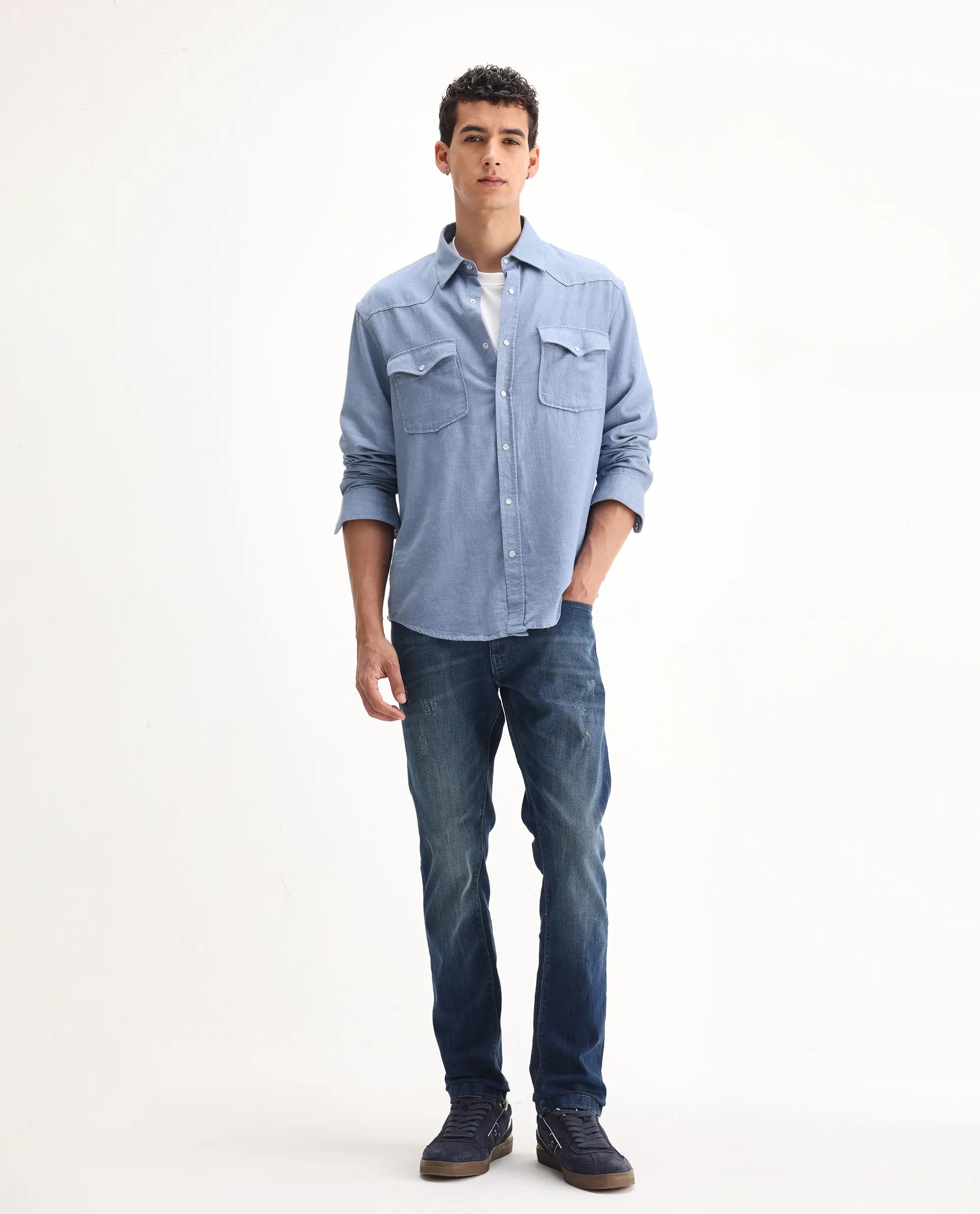 Rare Rabbit Men's Ferrer Navy Cotton Plain Hawk Slim Fit Jeans