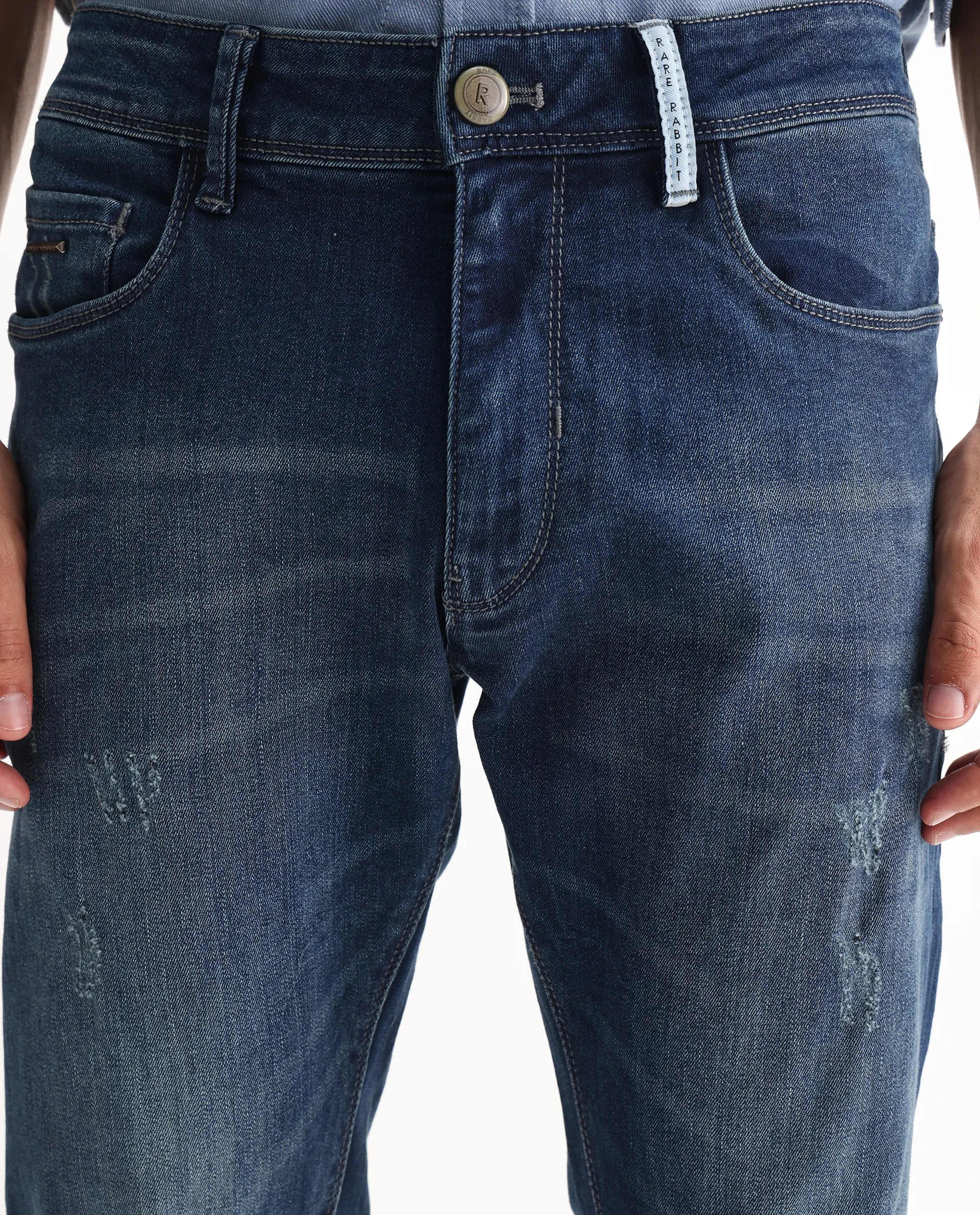 Rare Rabbit Men's Ferrer Navy Cotton Plain Hawk Slim Fit Jeans