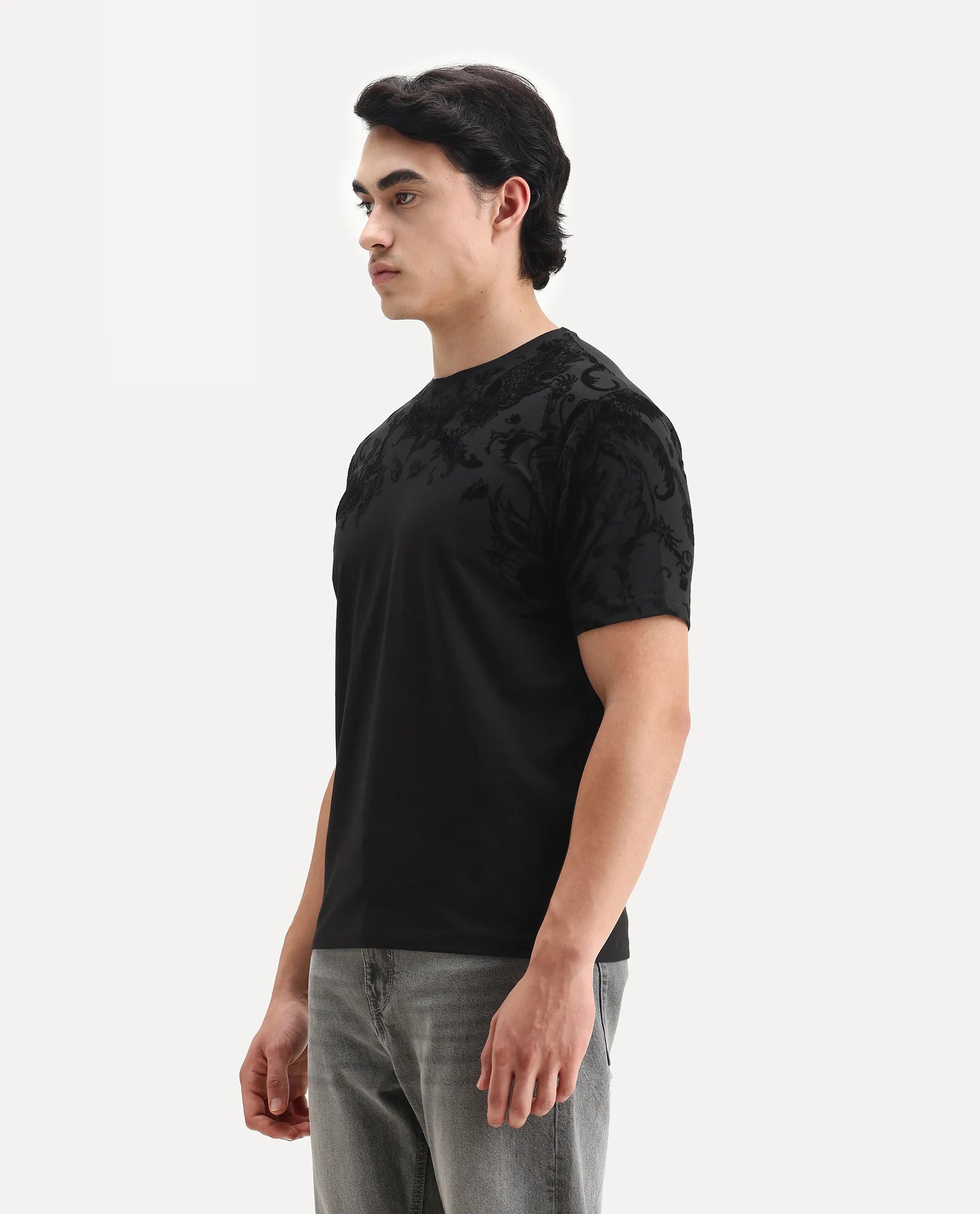 Rare Rabbit Men's Ferris-1 Black Cotton Blend Paisley Print Regular Fit Half Sleeve Crew Neck T-Shirt