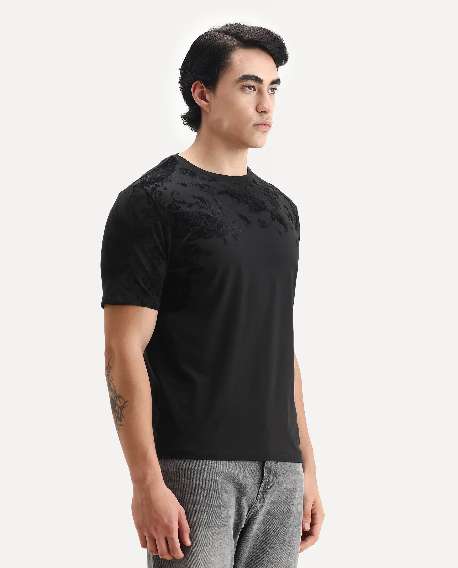 Rare Rabbit Men's Ferris-1 Black Cotton Blend Paisley Print Regular Fit Half Sleeve Crew Neck T-Shirt