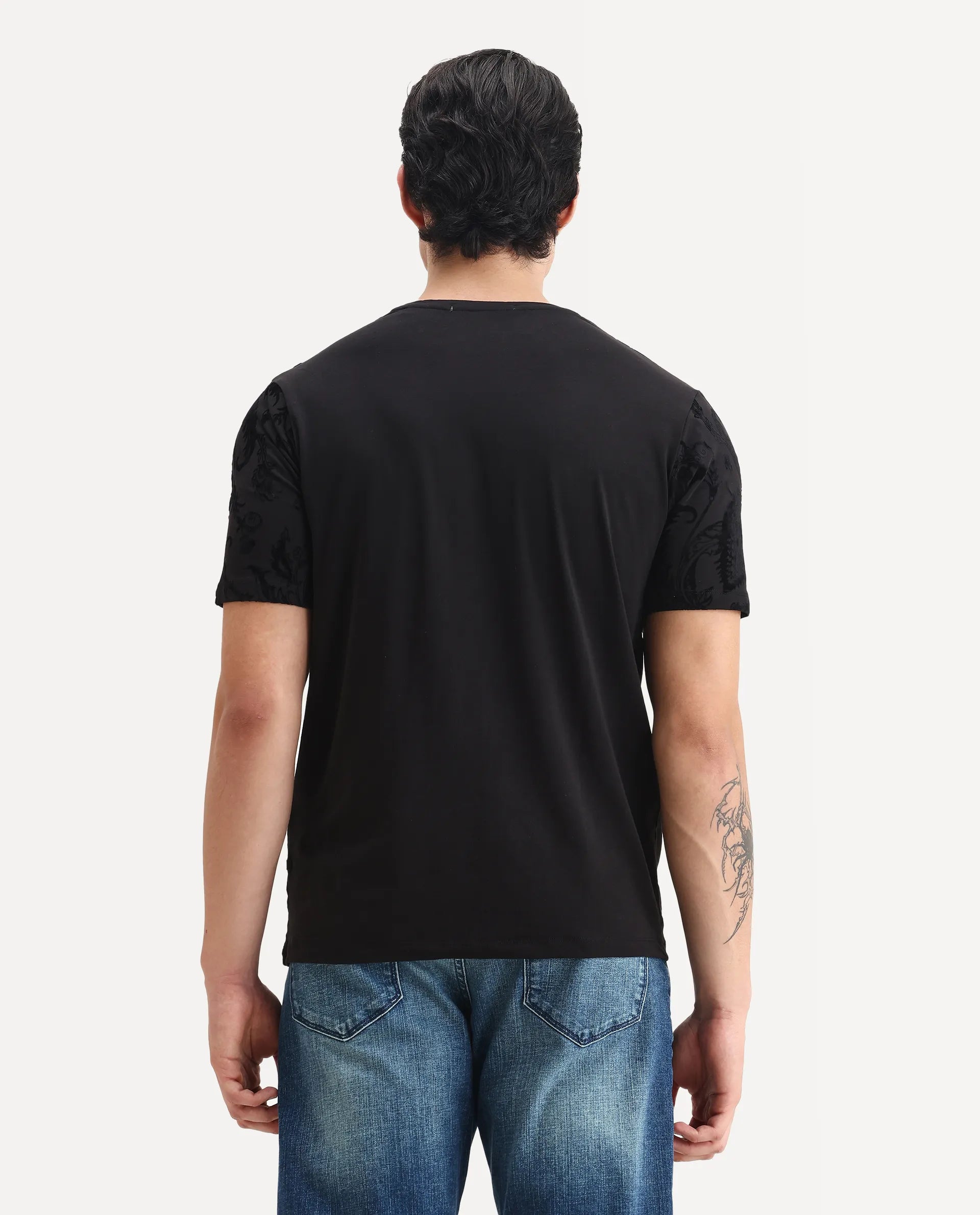 Rare Rabbit Men's Guild Statement Ferris Black Cotton Paisley Print Regular Fit Half Sleeve Crew Neck T-Shirt