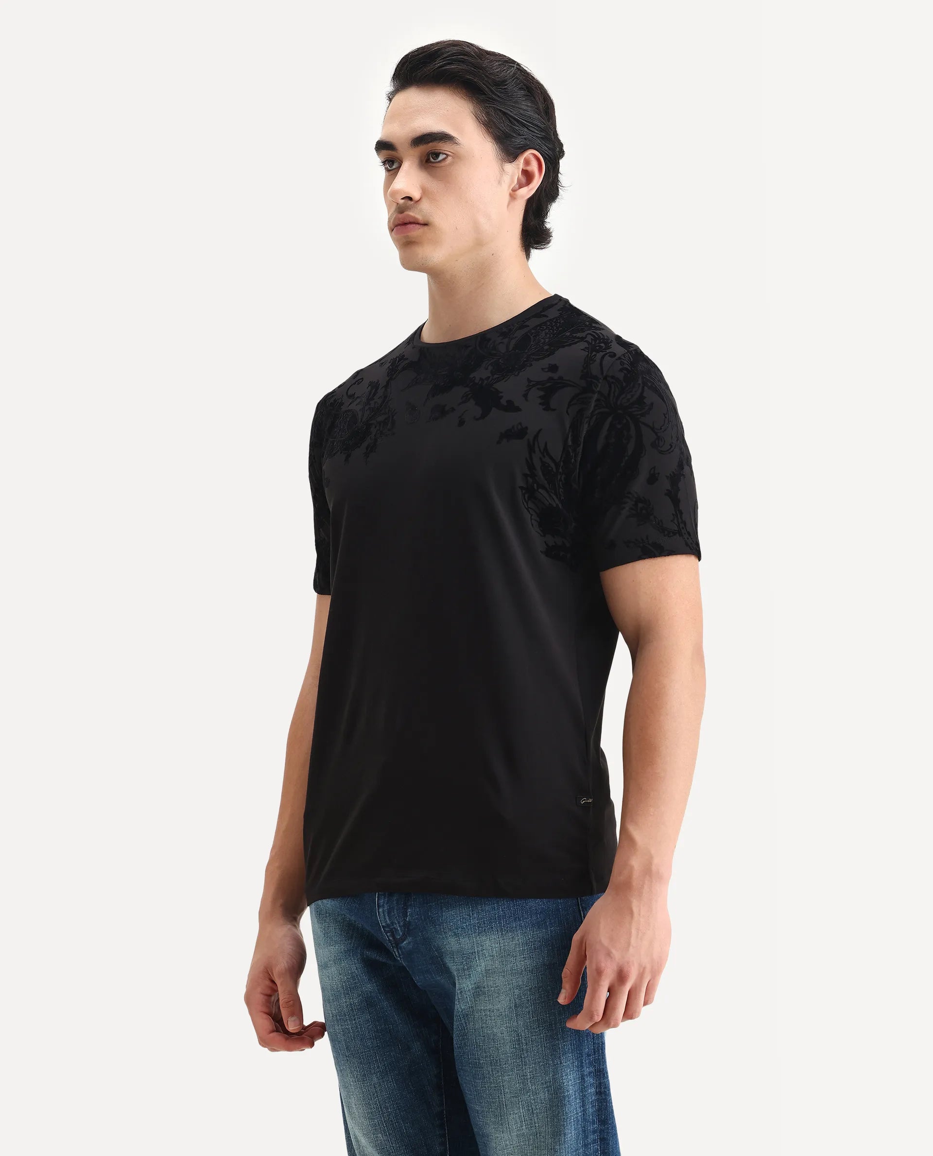 Rare Rabbit Men's Guild Statement Ferris Black Cotton Paisley Print Regular Fit Half Sleeve Crew Neck T-Shirt