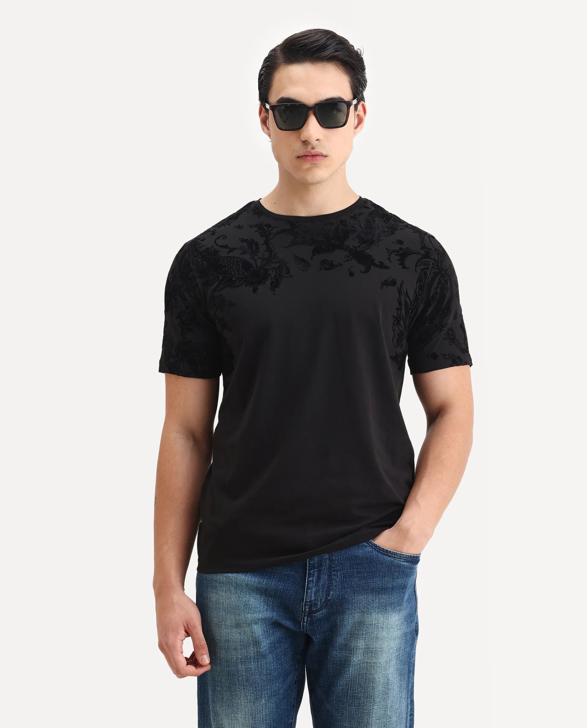 Rare Rabbit Men's Guild Statement Ferris Black Cotton Paisley Print Regular Fit Half Sleeve Crew Neck T-Shirt