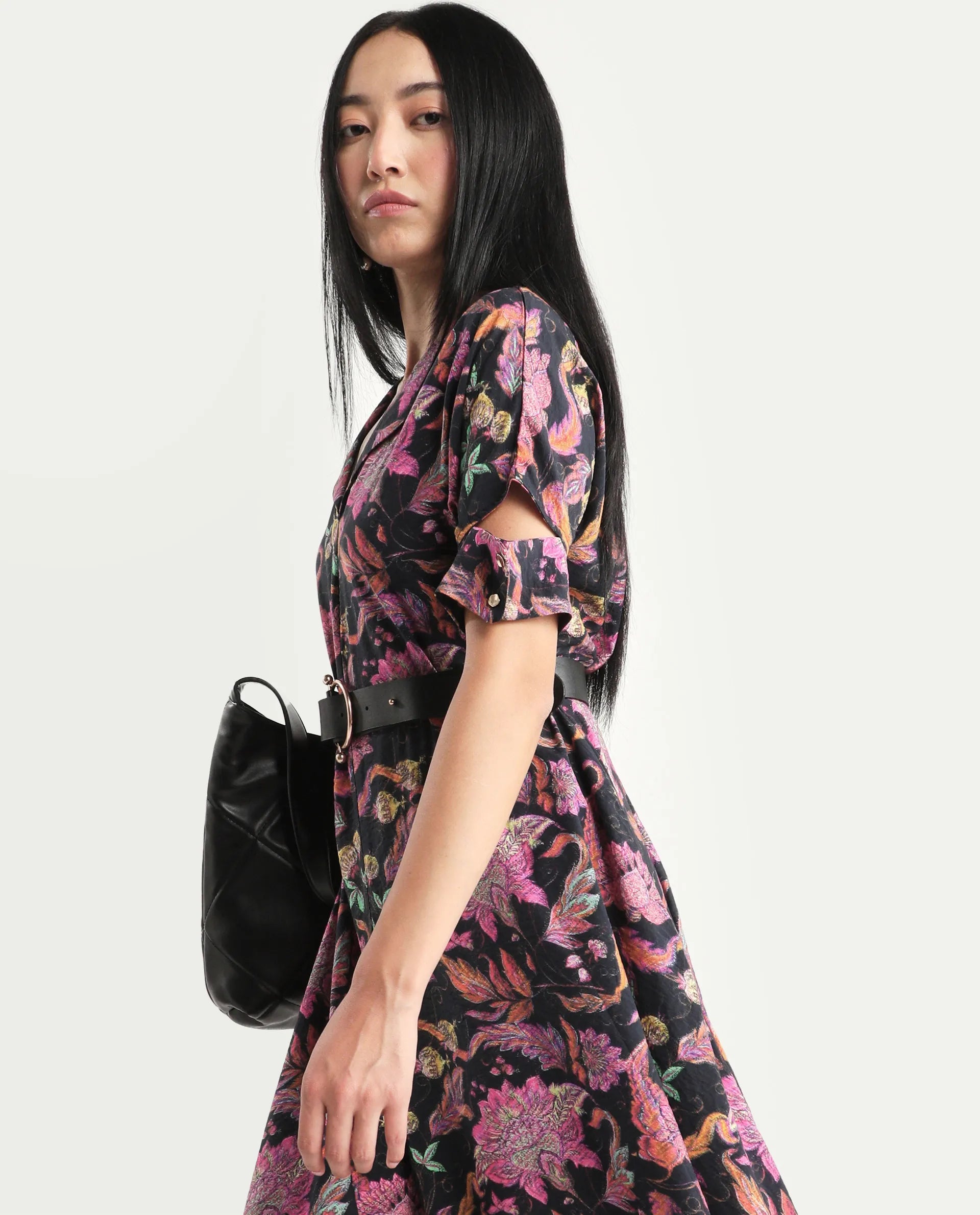 Rareism Women's Fertash Dark Multi Cotton Blend Drop Collar Abstract Print Cutout Sleeve Midi A-Line Dress