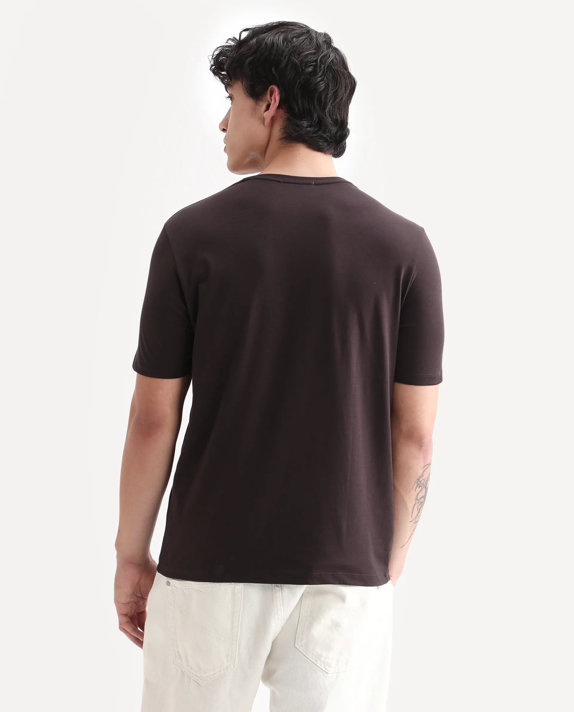 Rare Rabbit Men's Feso Dark Brown Cotton Blend Graphic Print Regular Fit Half Sleeve Crew Neck T-Shirt