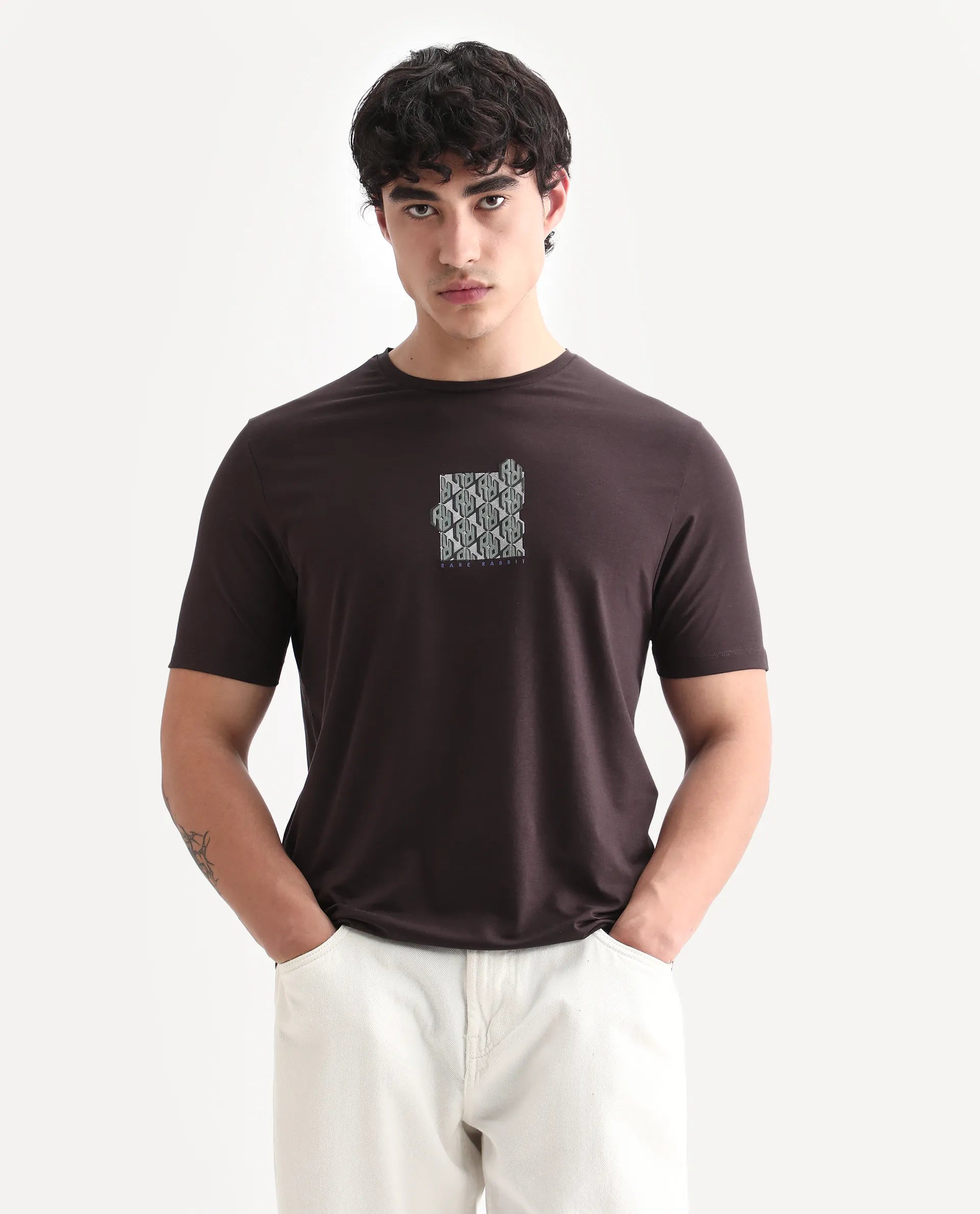 Rare Rabbit Men's Feso Dark Brown Cotton Blend Graphic Print Regular Fit Half Sleeve Crew Neck T-Shirt