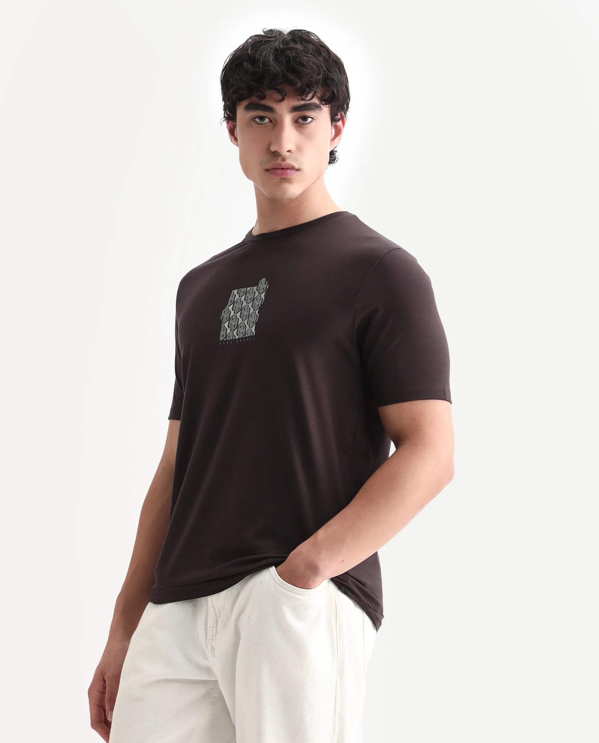 Rare Rabbit Men's Feso Dark Brown Cotton Blend Graphic Print Regular Fit Half Sleeve Crew Neck T-Shirt