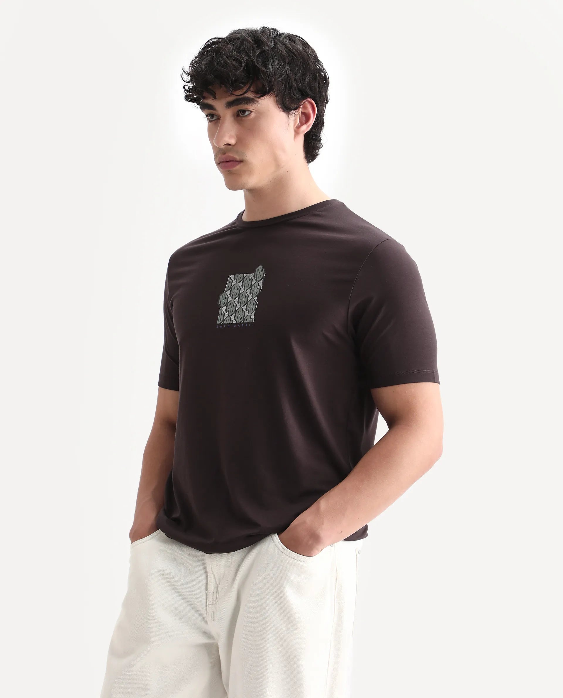 Rare Rabbit Men's Feso Dark Brown Cotton Blend Graphic Print Regular Fit Half Sleeve Crew Neck T-Shirt