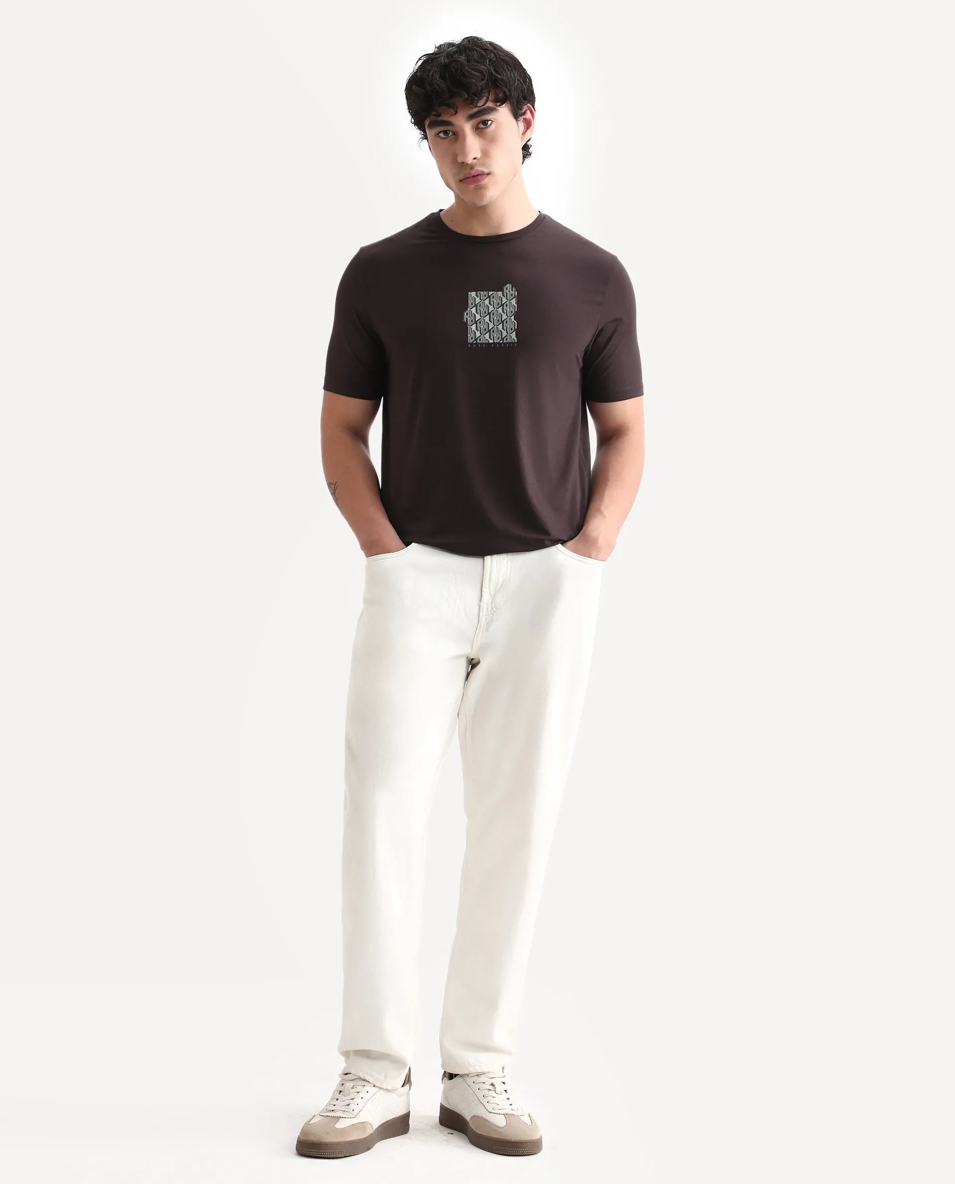 Rare Rabbit Men's Feso Dark Brown Cotton Blend Graphic Print Regular Fit Half Sleeve Crew Neck T-Shirt