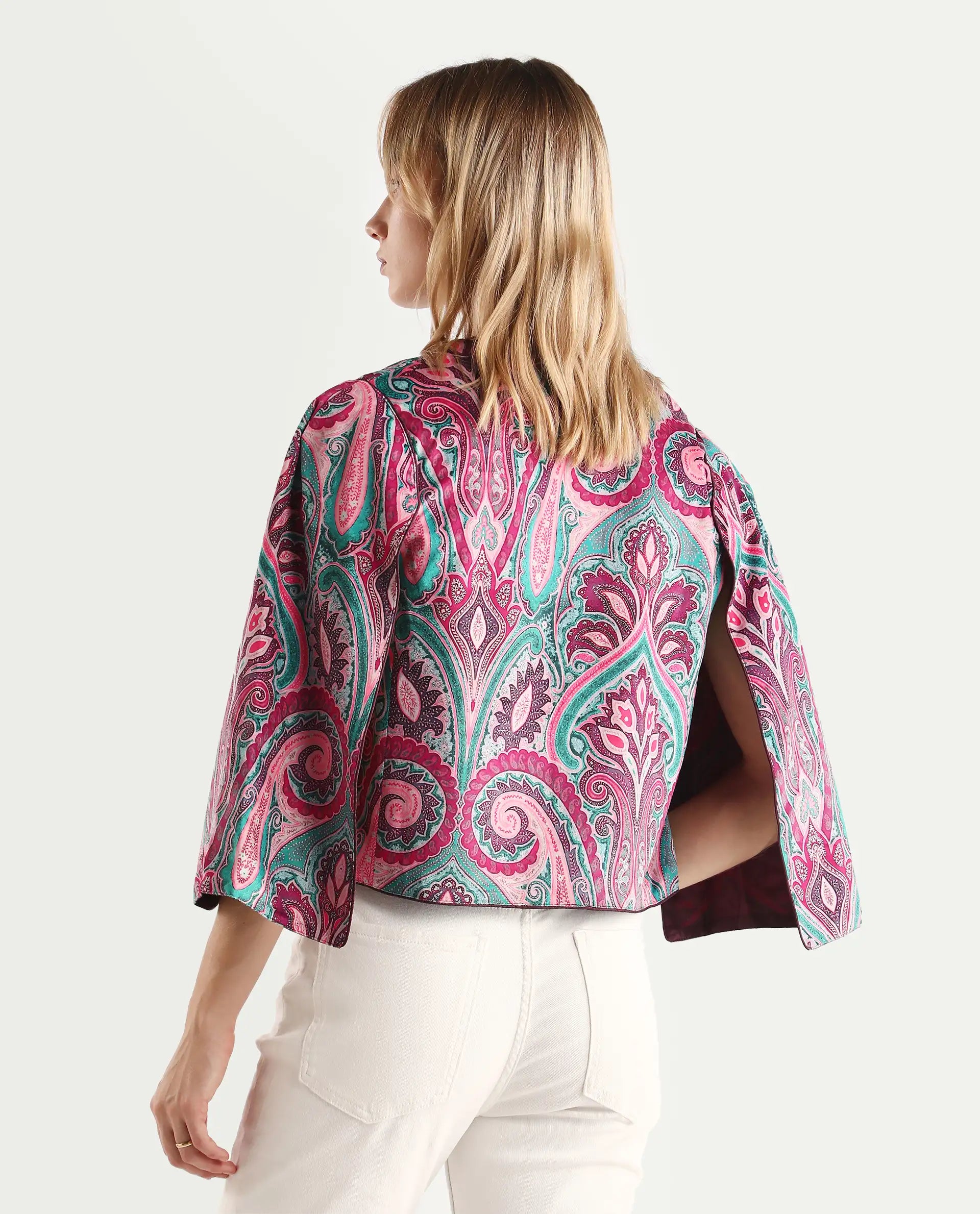 Rareism Women's Fewdy Multi Velvet Collarless Paisley Print Crop Regular Fit Jacket