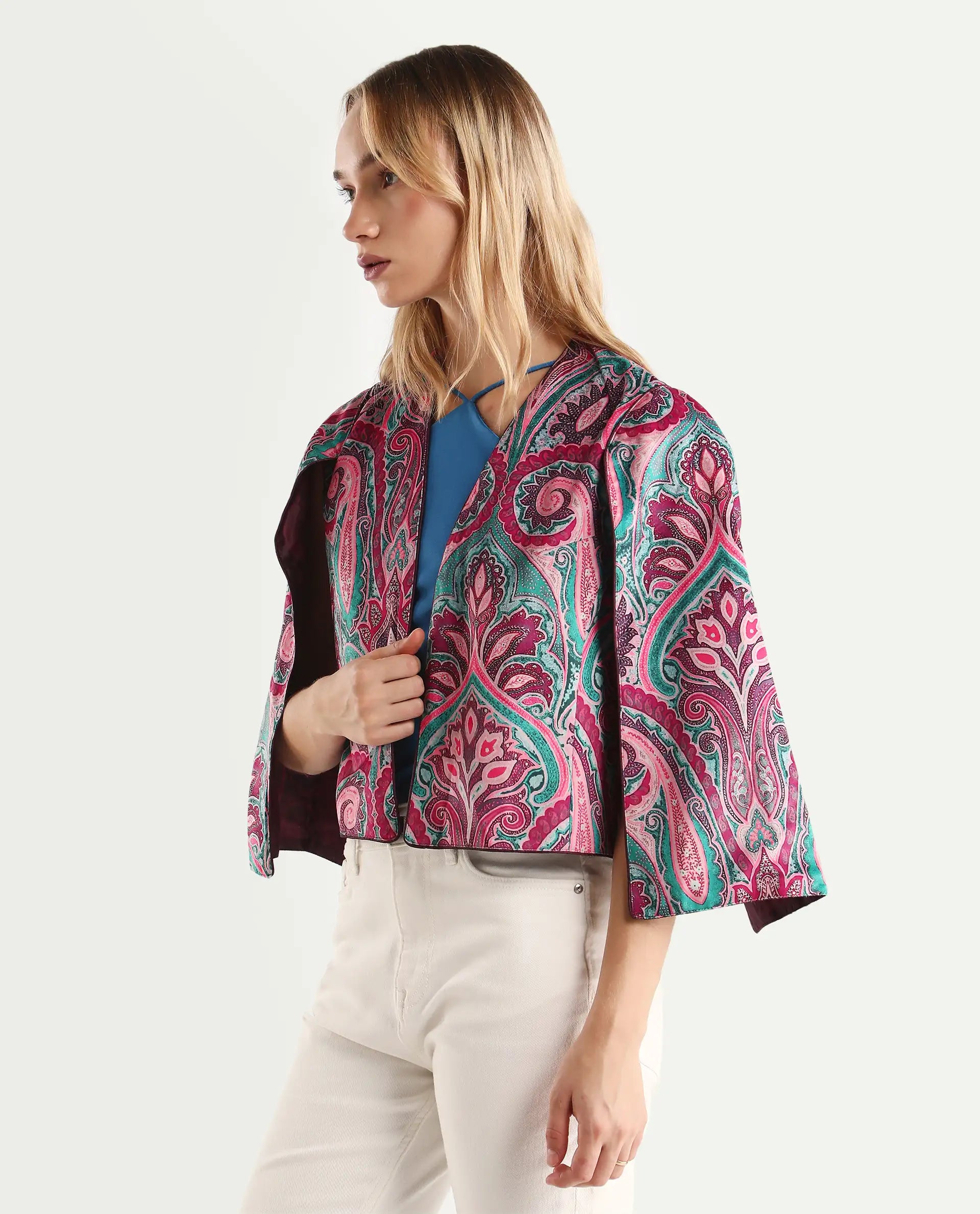 Rareism Women's Fewdy Multi Velvet Collarless Paisley Print Crop Regular Fit Jacket