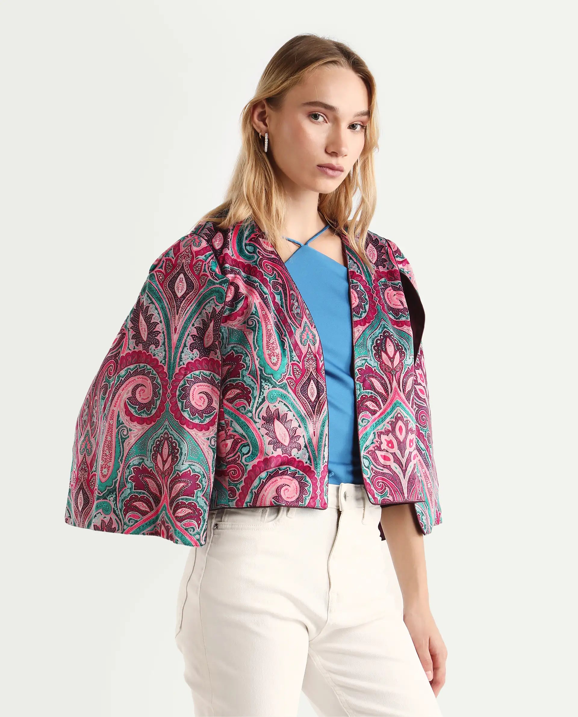 Rareism Women's Fewdy Multi Velvet Collarless Paisley Print Crop Regular Fit Jacket