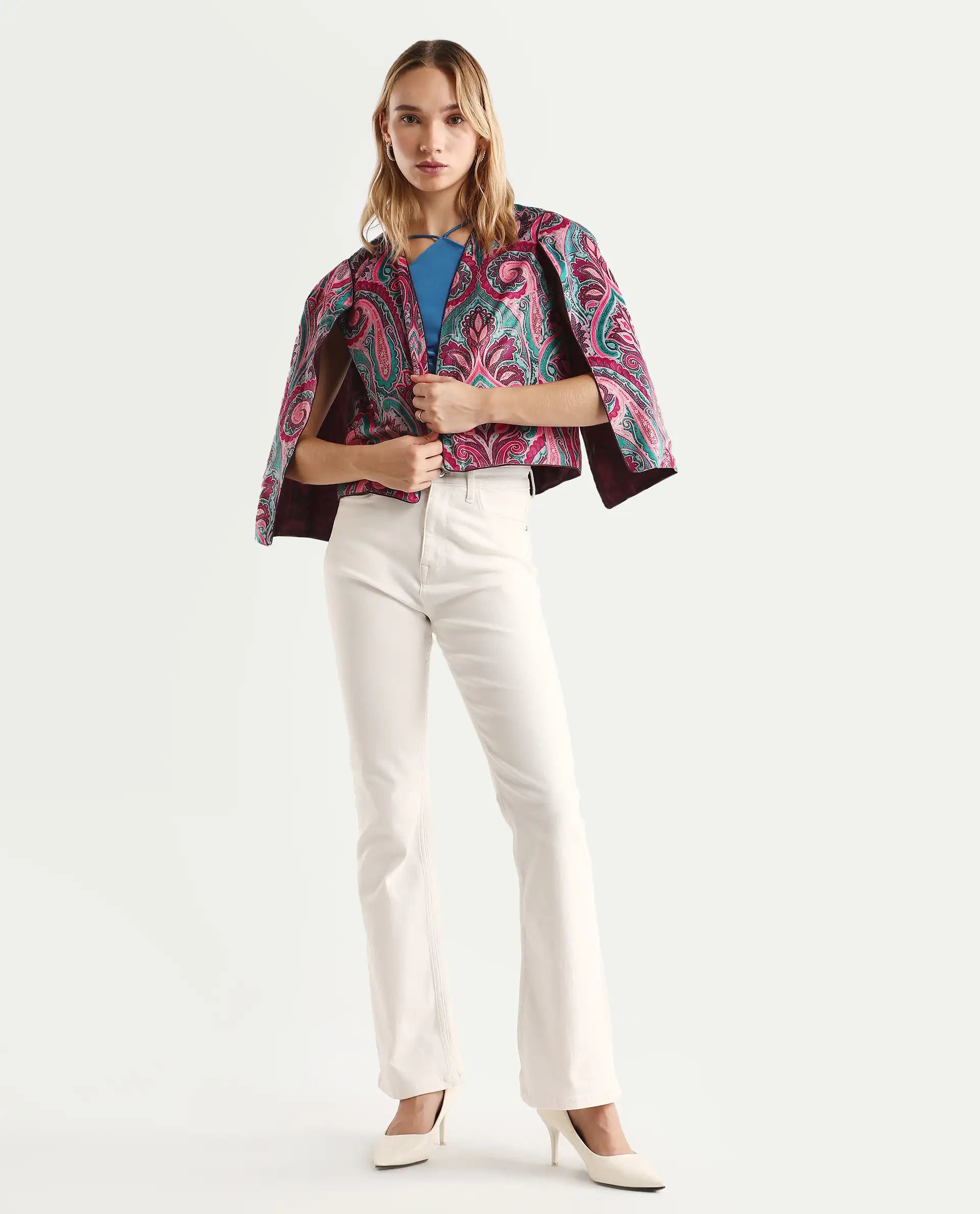 Rareism Women's Fewdy Multi Velvet Collarless Paisley Print Crop Regular Fit Jacket