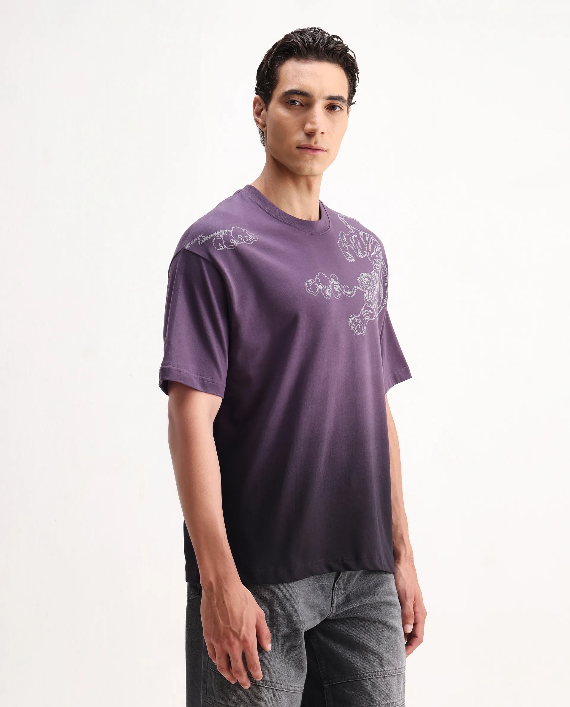 Rare Rabbit Men's Fig Dark Purple Cotton Embroidered Oversized Fit Half Sleeve Crew Neck T-Shirt