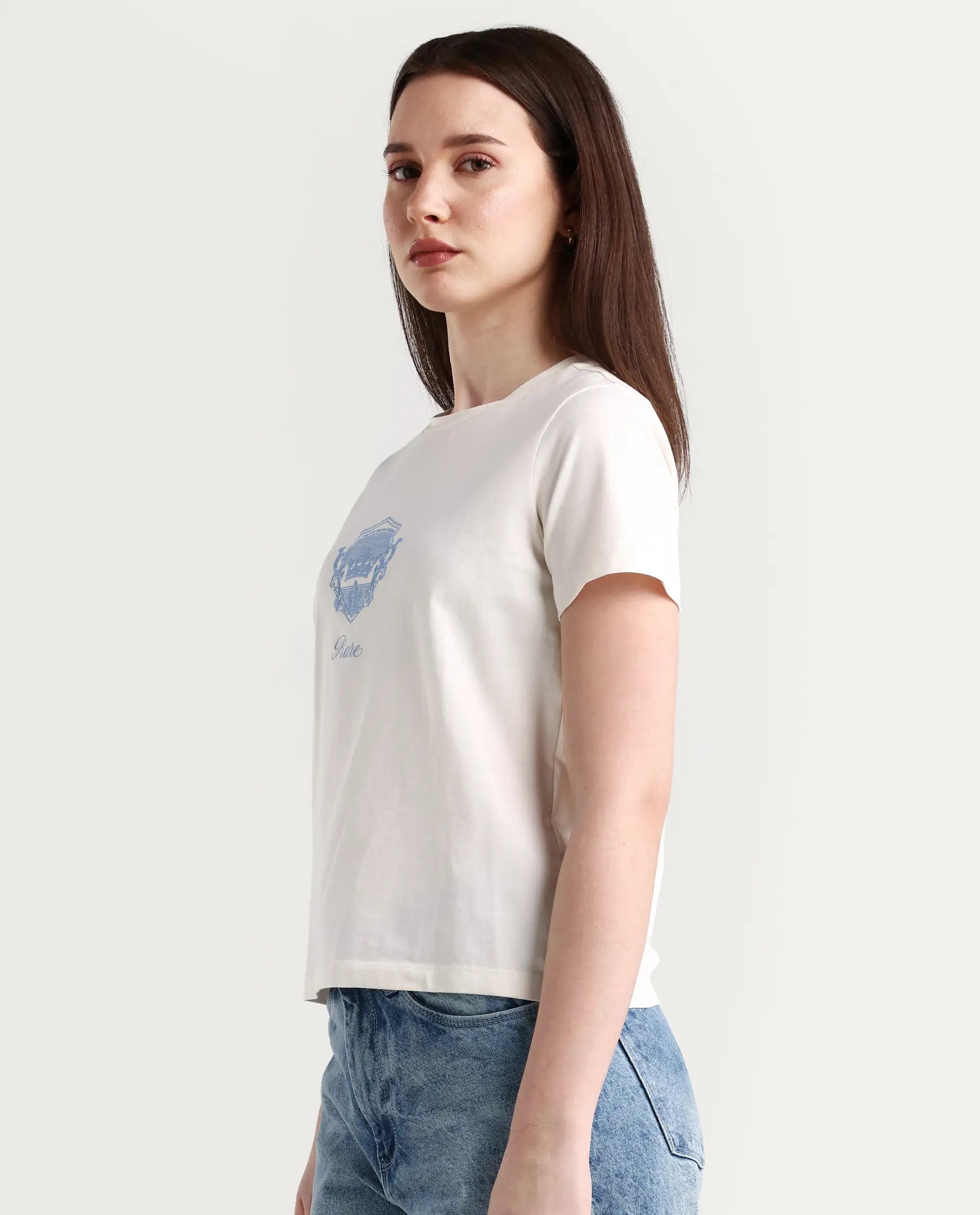 Rareism Women's Fila - Off White Cotton Blend Crew Neck Graphic Print Regular Fit T-Shirt