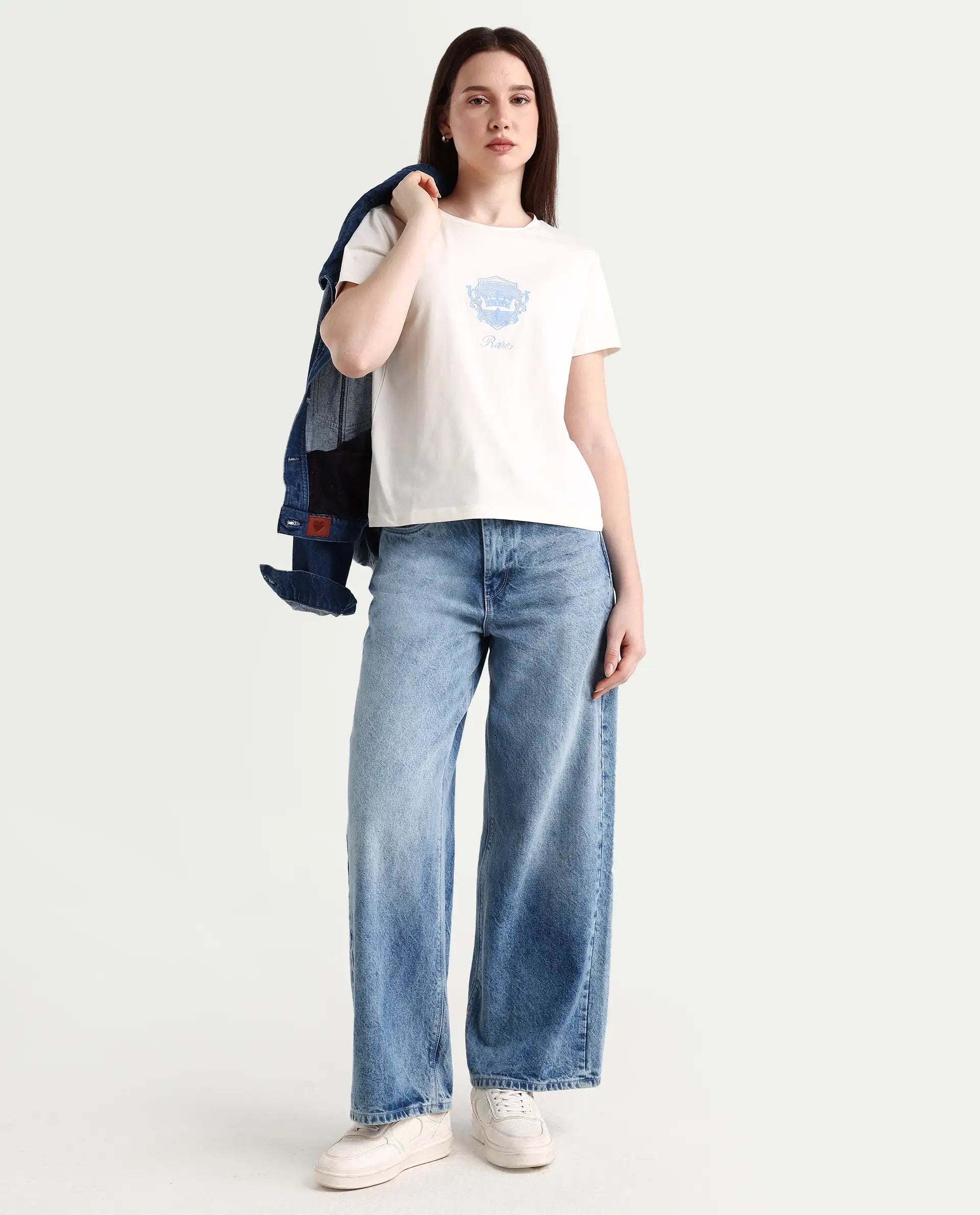 Rareism Women's Fila - Off White Cotton Blend Crew Neck Graphic Print Regular Fit T-Shirt