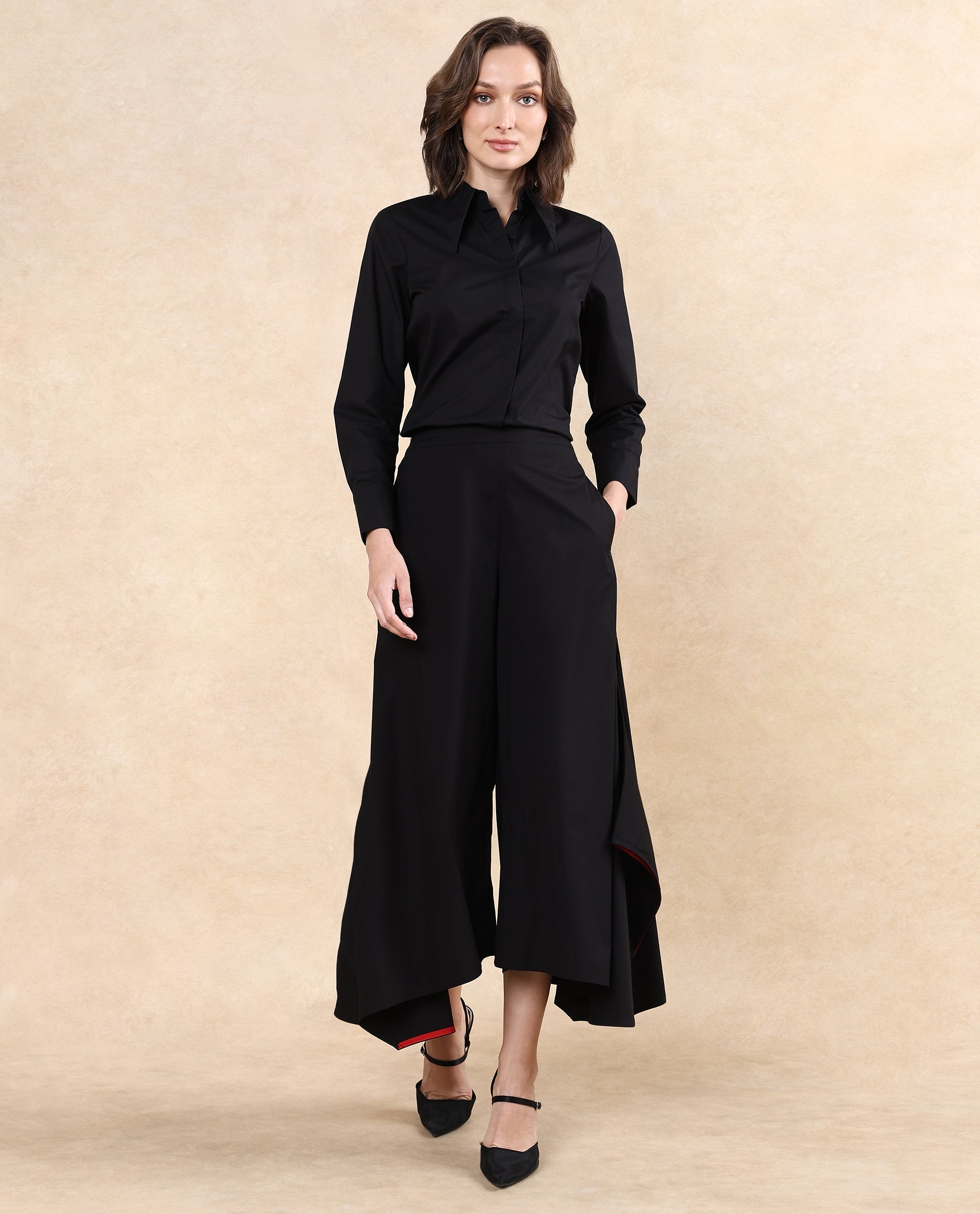 Rareism Women Filom Black Cotton Blend Fabric Flared Ankle Length Plain Trouser