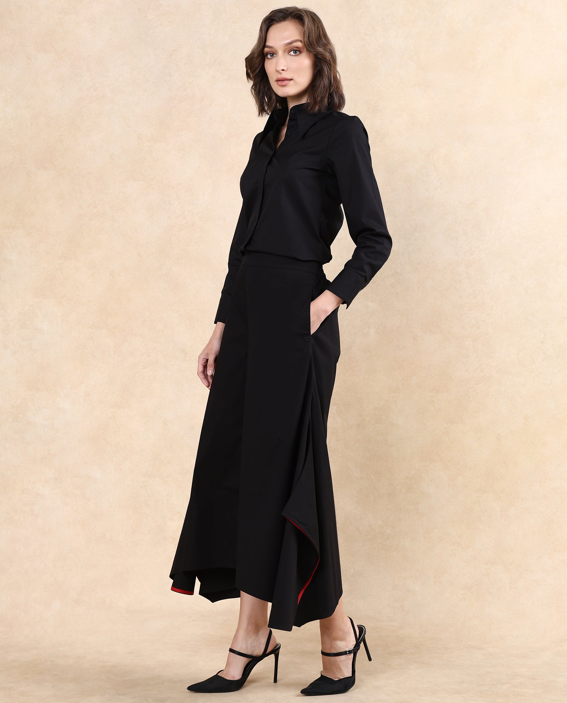 Rareism Women Filom Black Cotton Blend Fabric Flared Ankle Length Plain Trouser